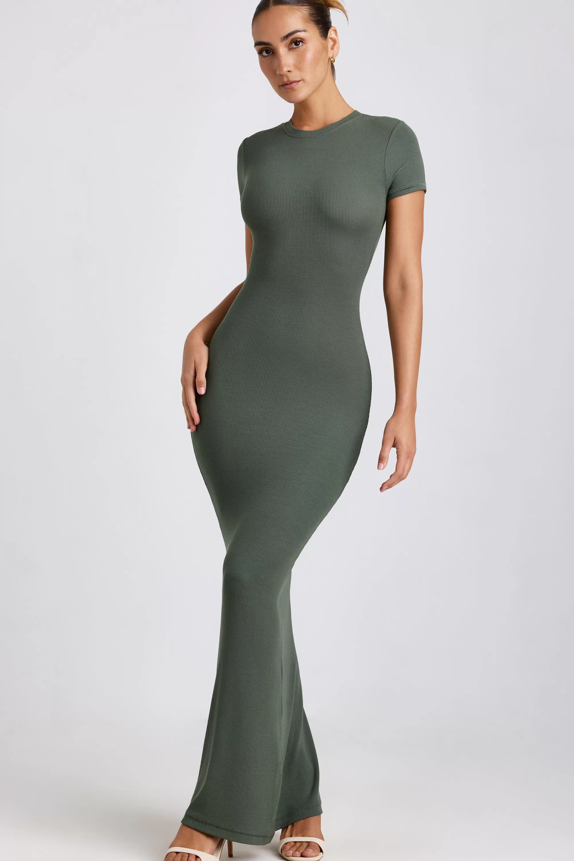 Oh Polly Ribbed Modal Maxi Dress in Khaki Green Discount