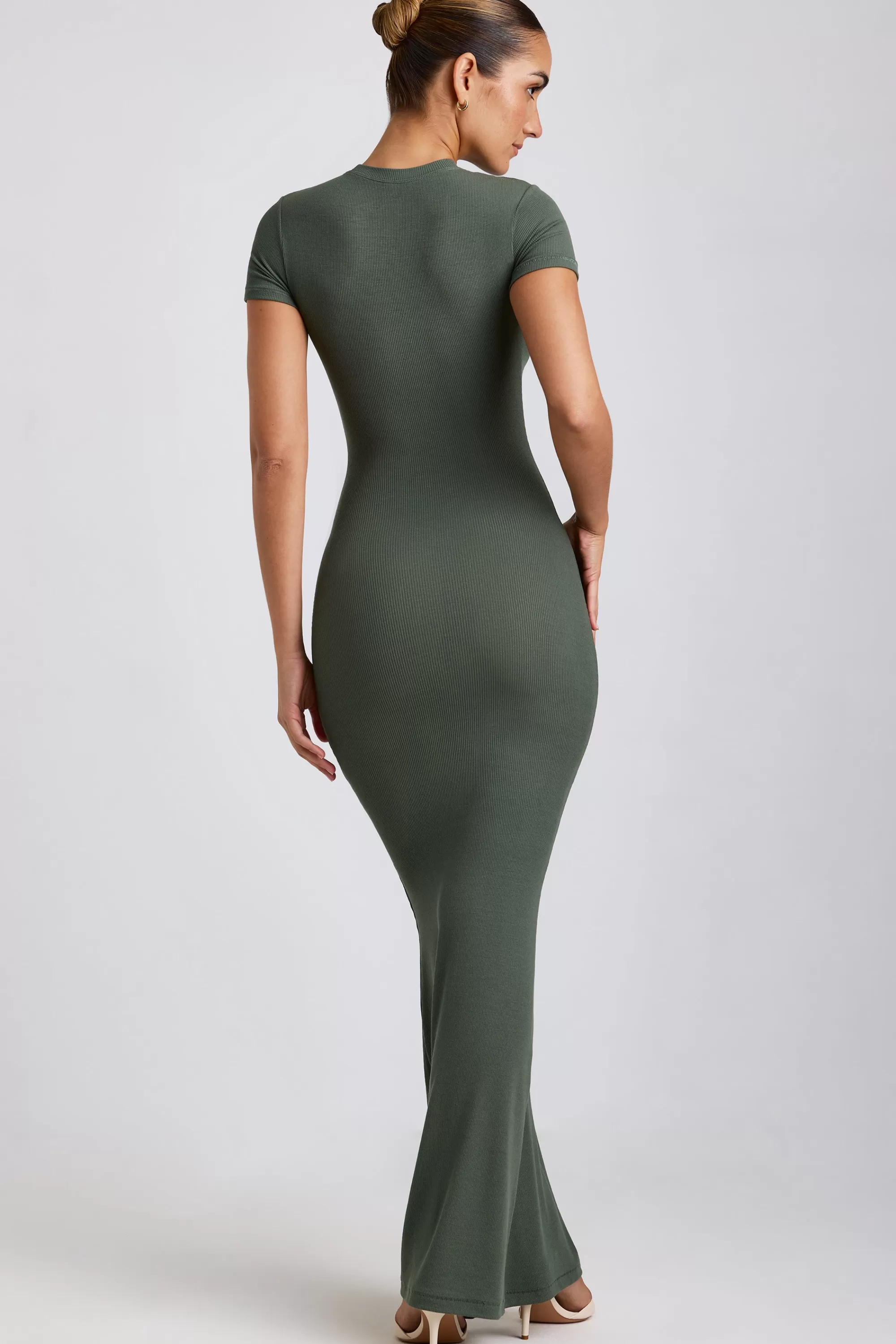 Oh Polly Ribbed Modal Maxi Dress in Khaki Green Discount