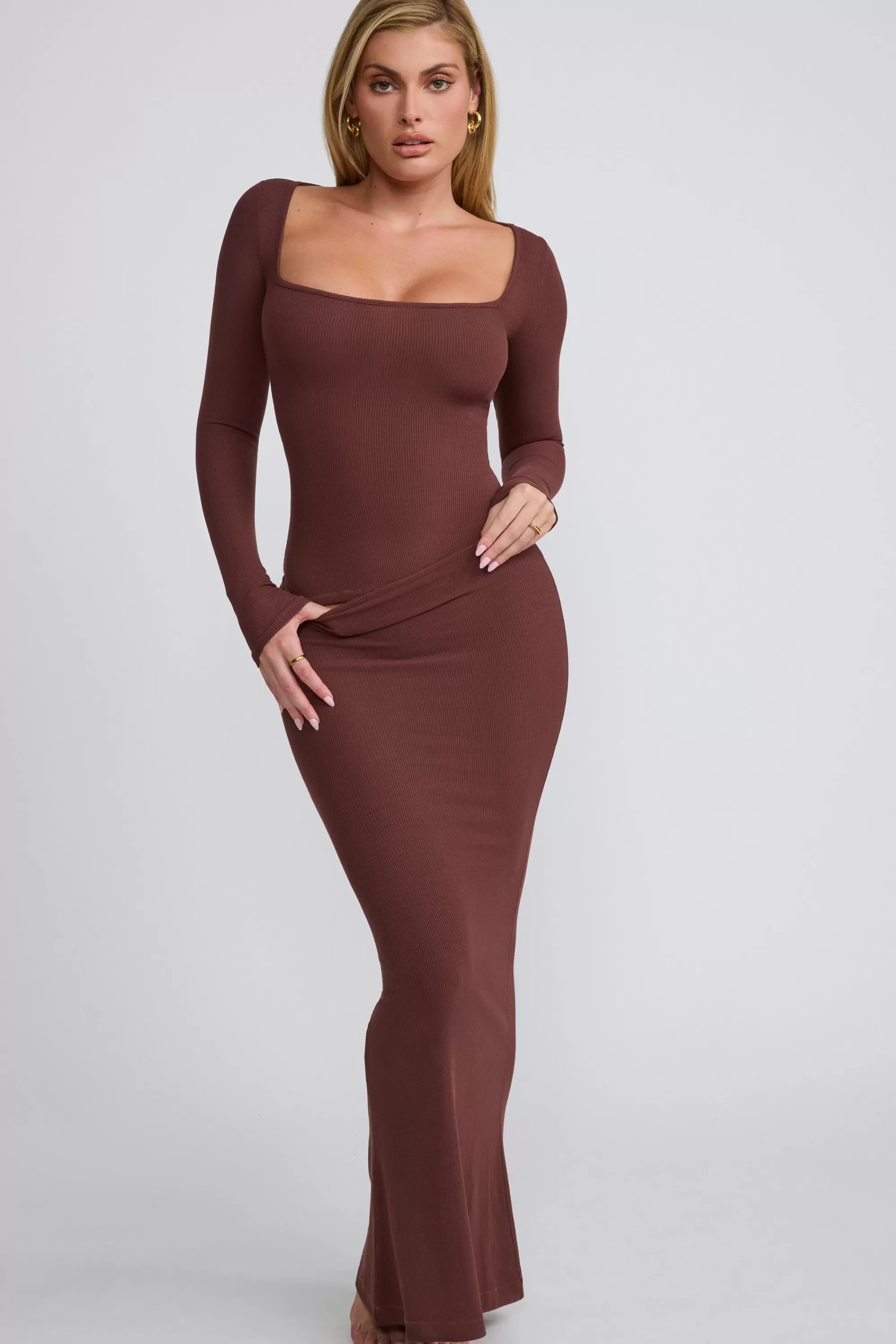 Oh Polly Ribbed Modal Mid Rise Maxi Skirt in Chocolate Sale