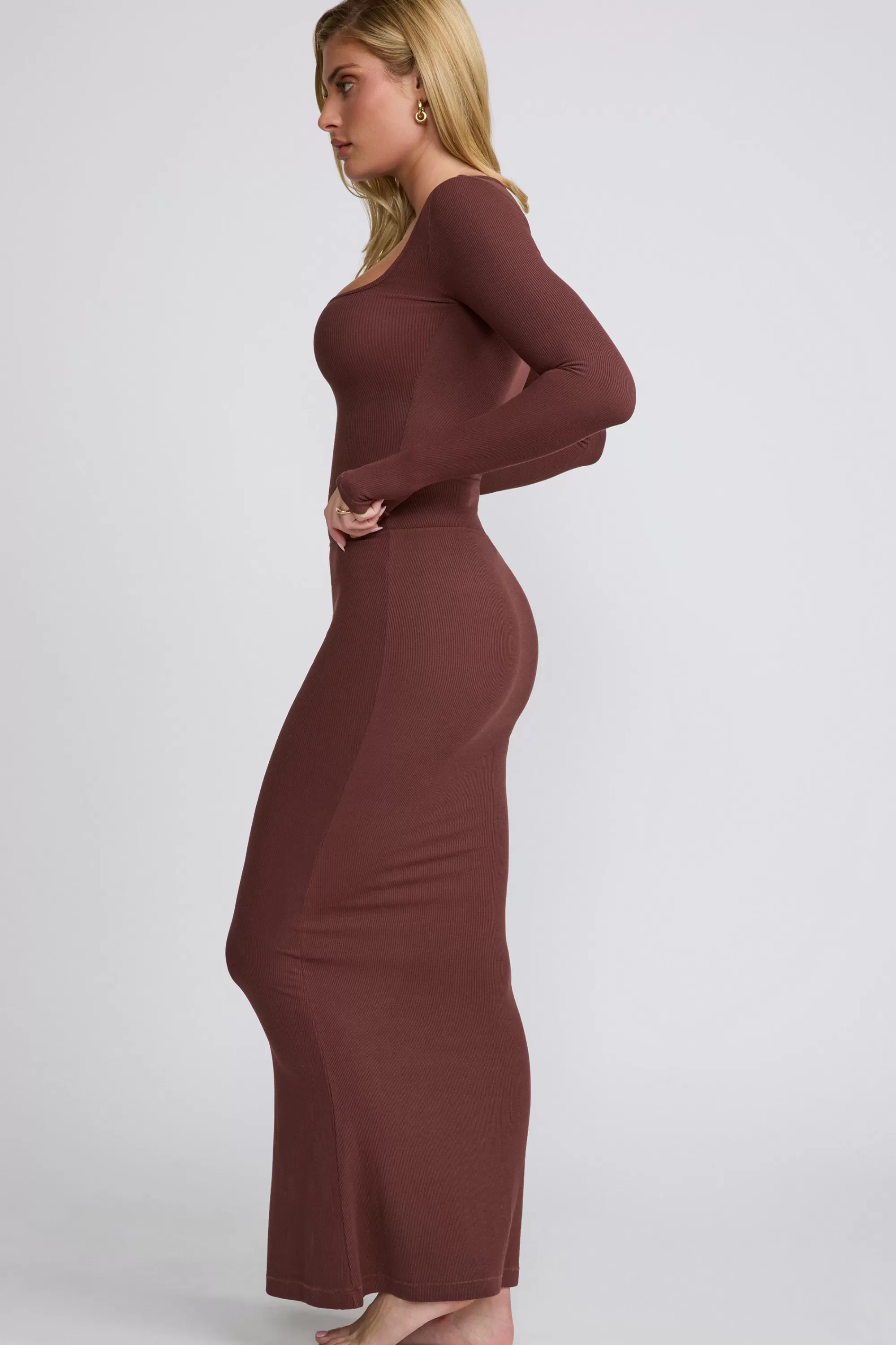 Oh Polly Ribbed Modal Mid Rise Maxi Skirt in Chocolate Sale