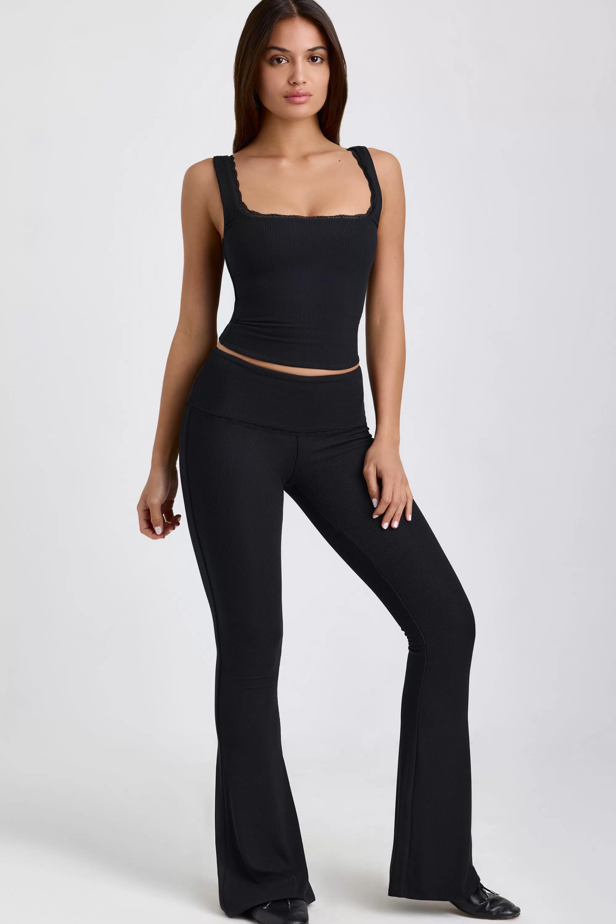 Oh Polly Ribbed Modal Mid-Rise Foldover Flared Trousers in Black Hot