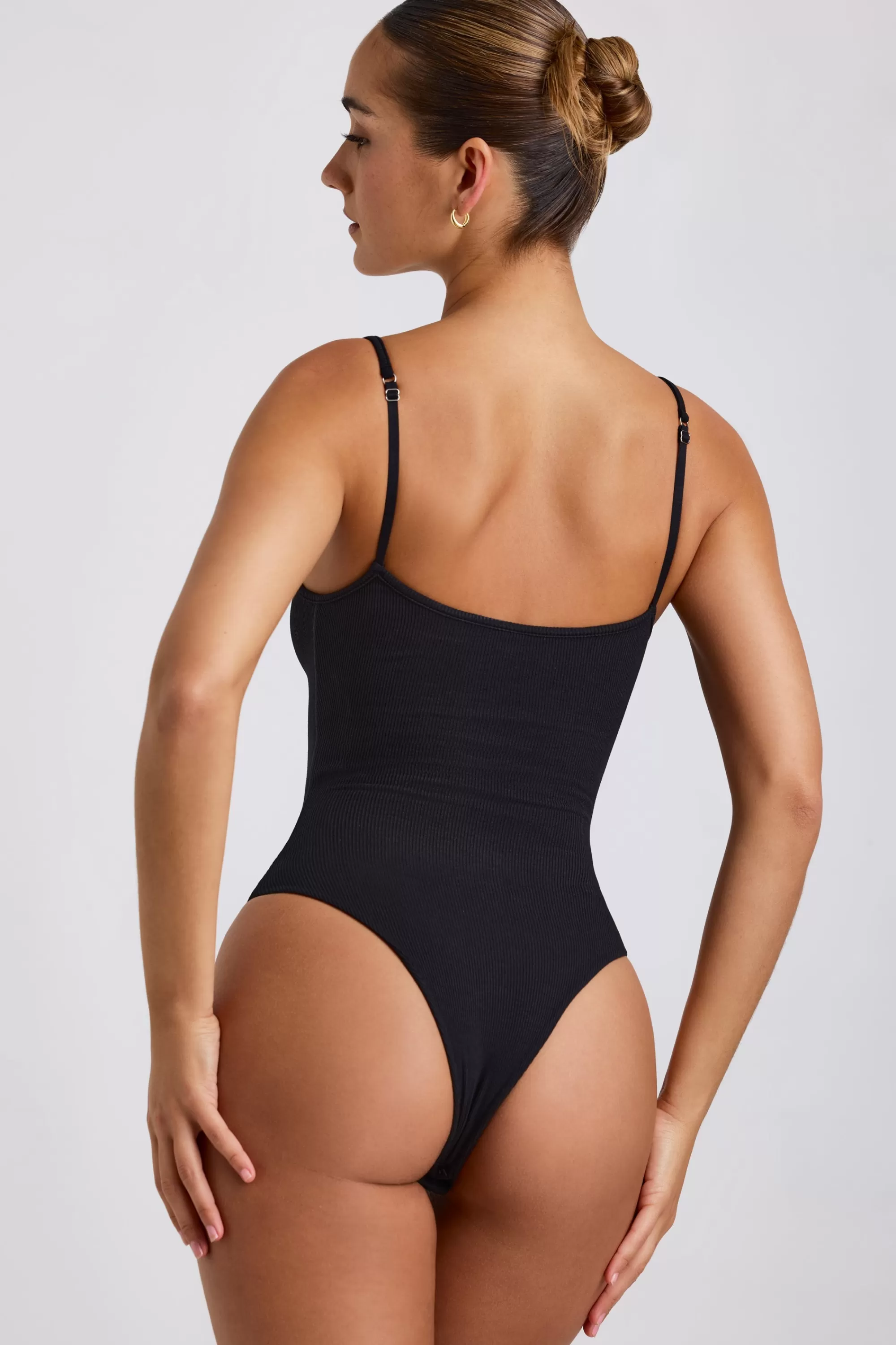 Oh Polly Ribbed Modal Square Neck Bodysuit in Black Clearance