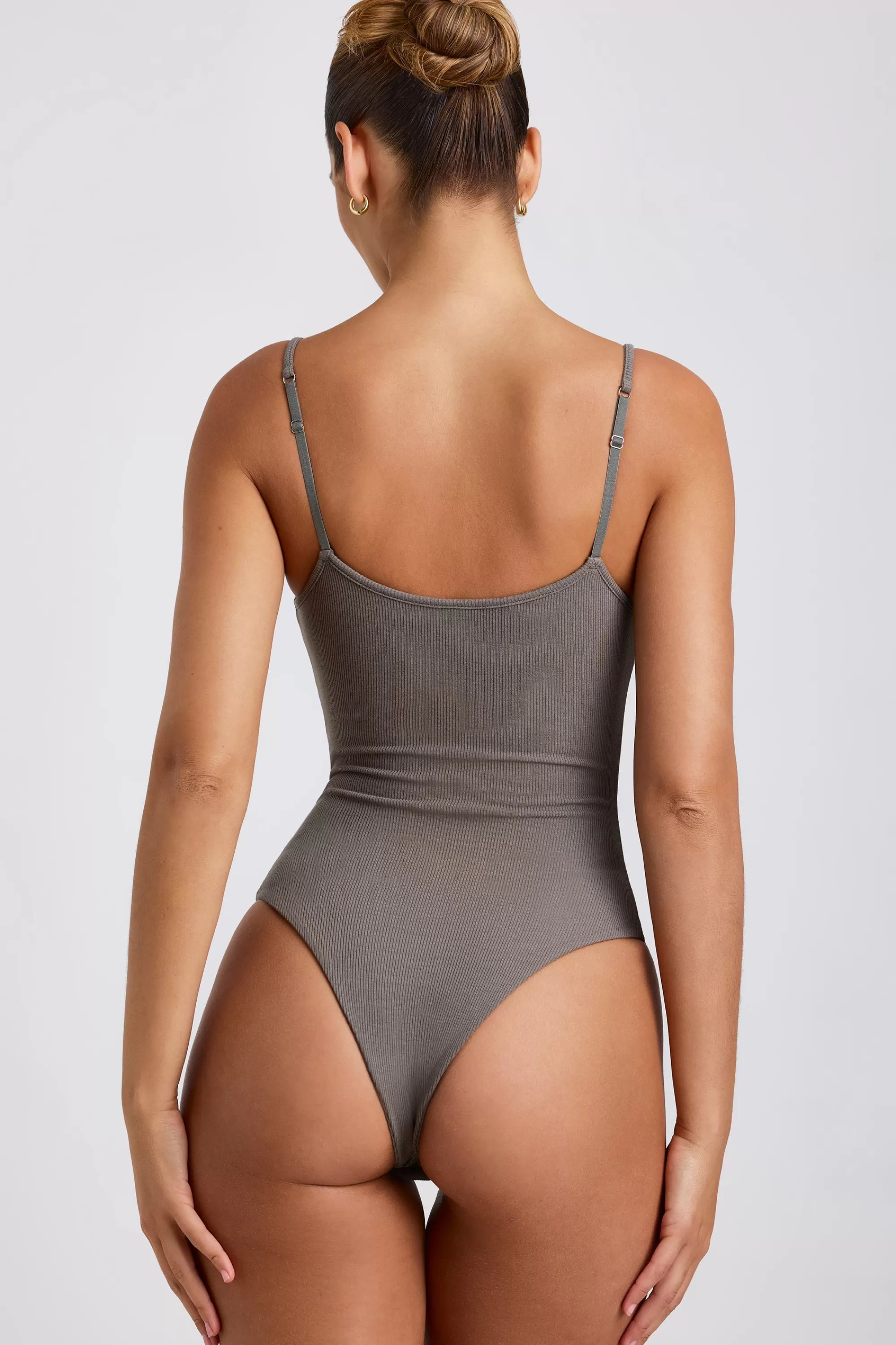 Oh Polly Ribbed Modal Square Neck Bodysuit in Grey Best