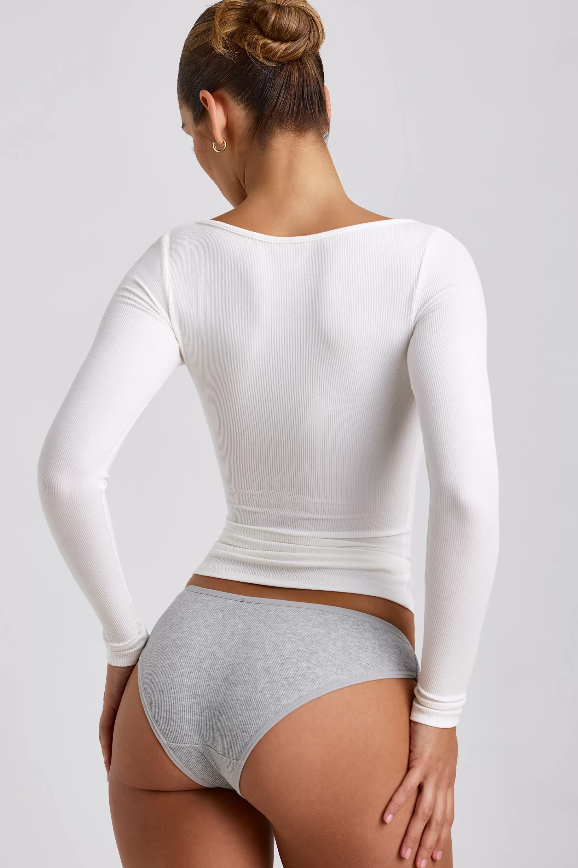 Oh Polly Ribbed Modal Square Neck Long Sleeve Top in White Online