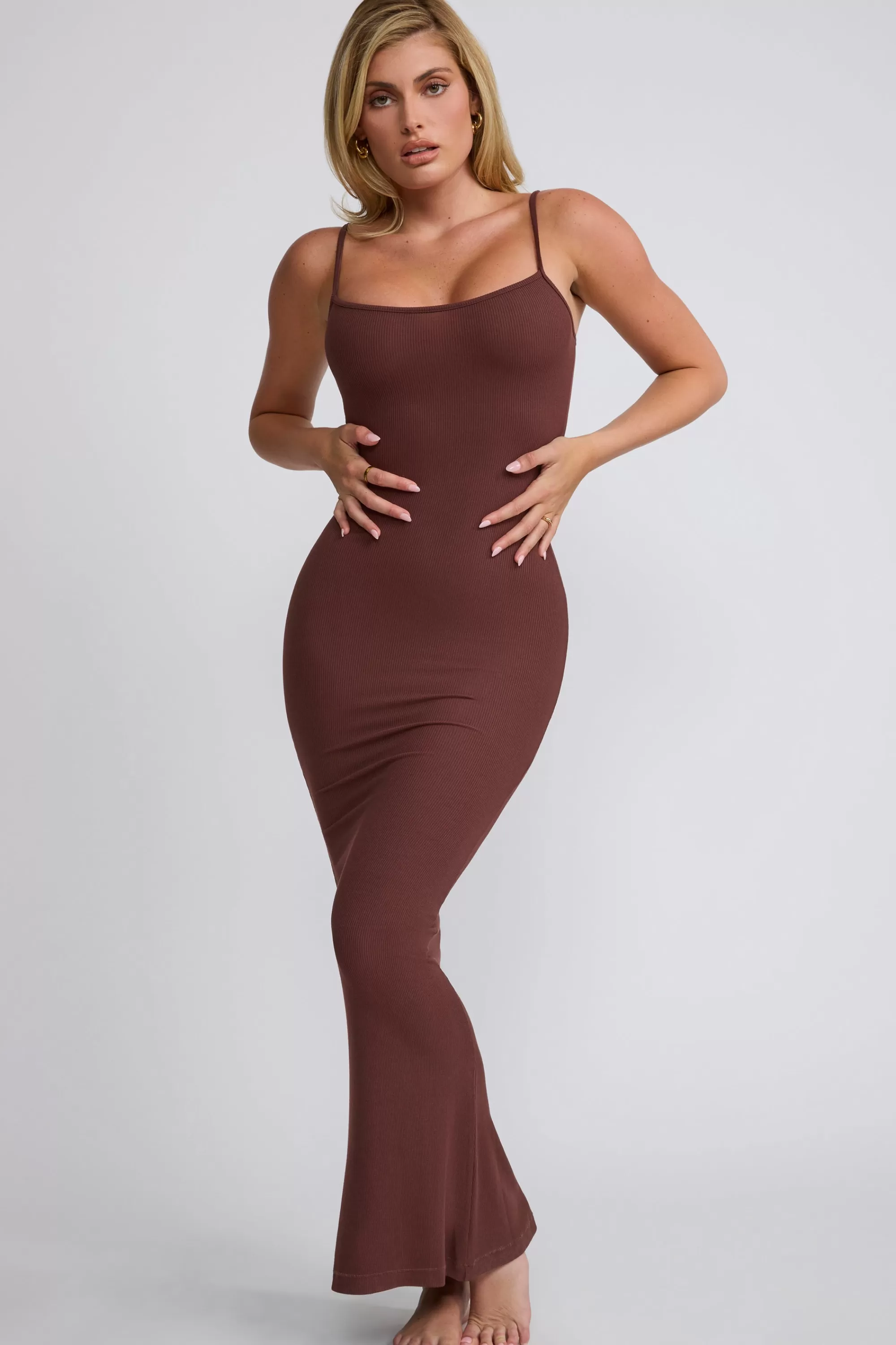 Oh Polly Ribbed Modal Square Neck Maxi Dress in Chocolate Store