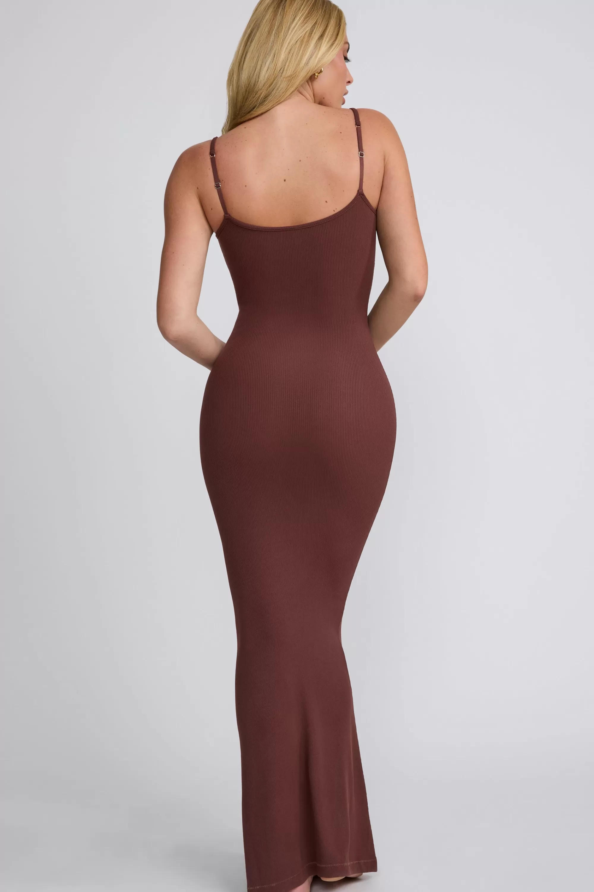 Oh Polly Ribbed Modal Square Neck Maxi Dress in Chocolate Store