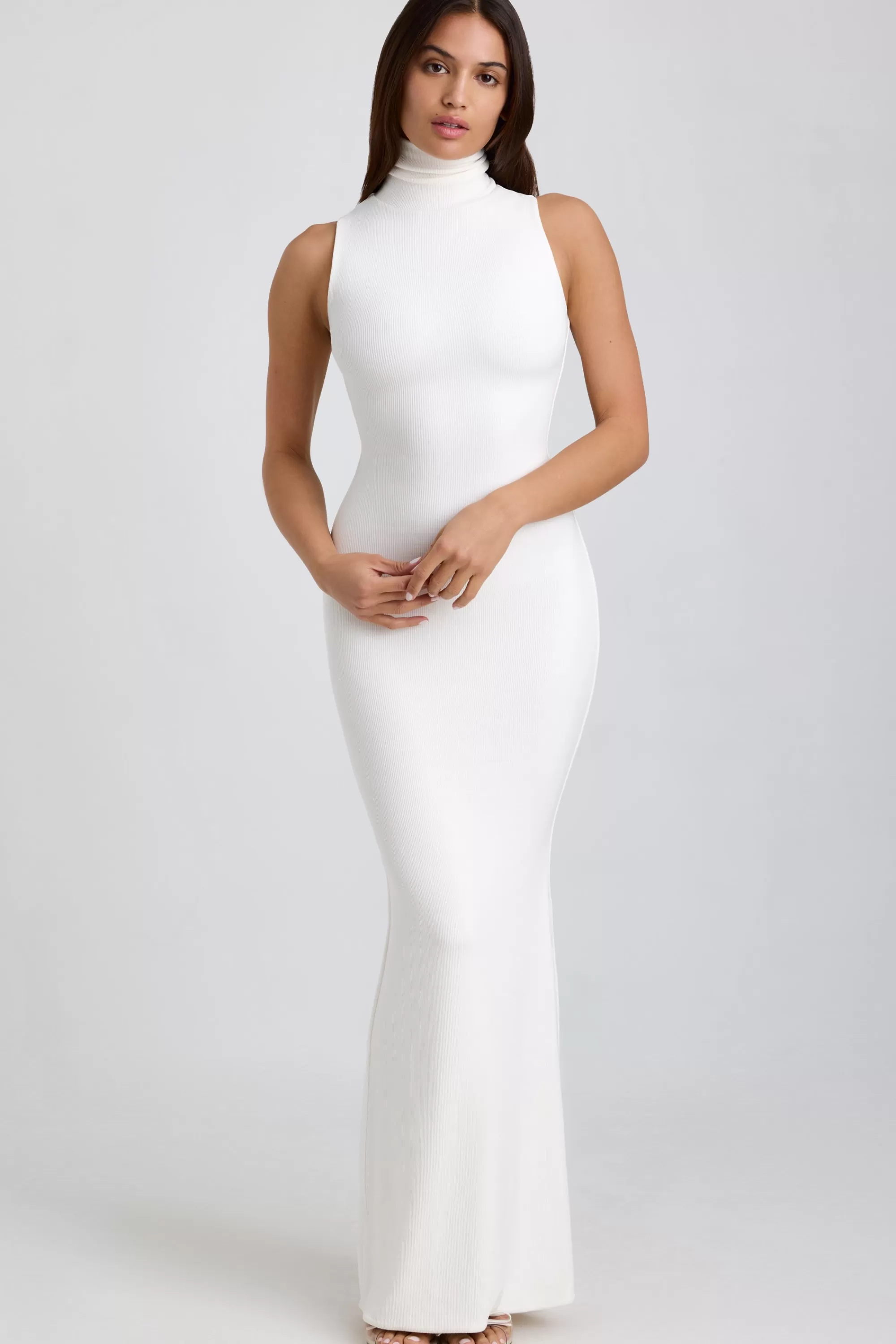 Oh Polly Ribbed Modal Turtleneck Maxi Dress in White Best Sale