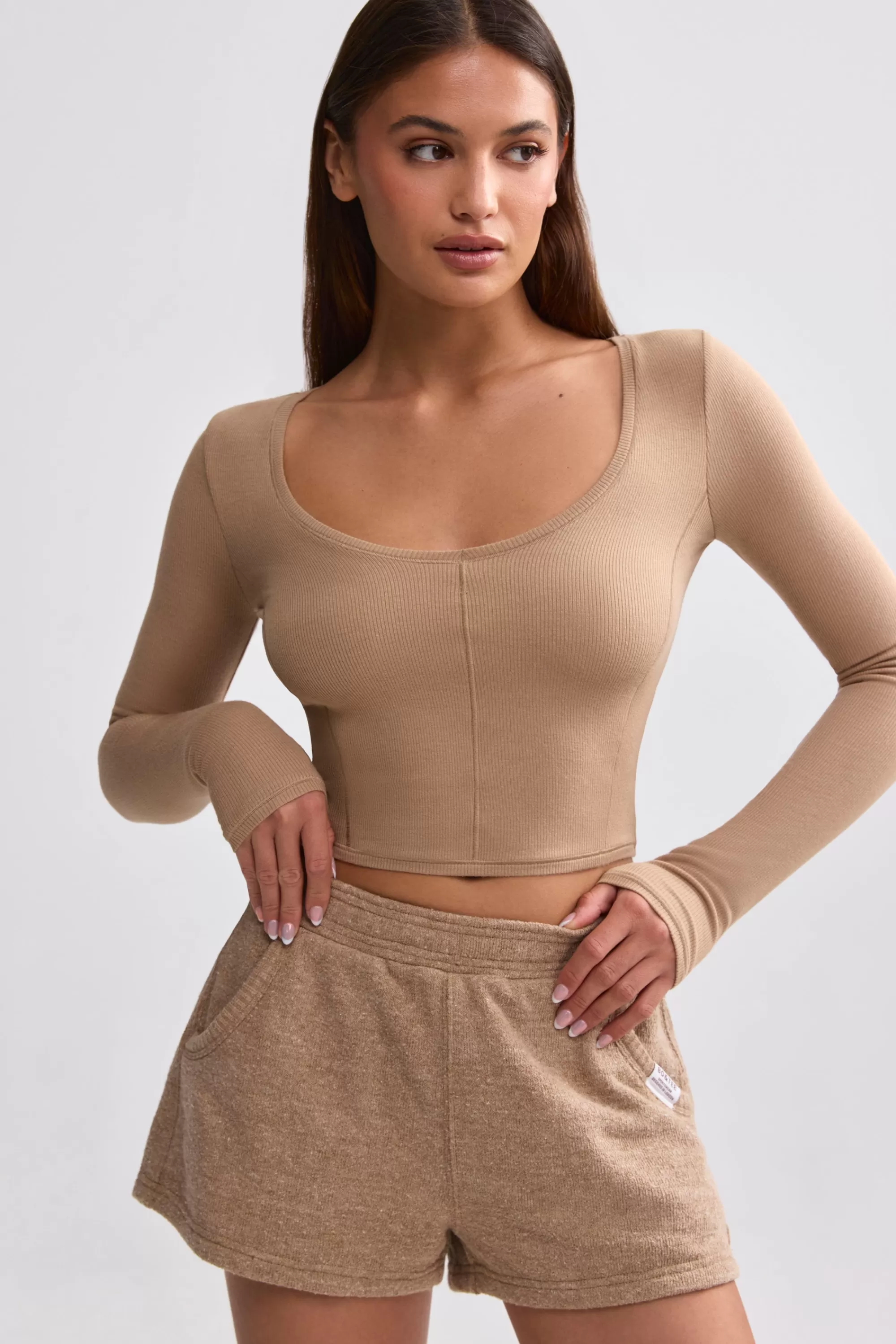 Oh Polly Ribbed Modal V-Neck Crop Top in Mocha Brown MochaBrown Cheap