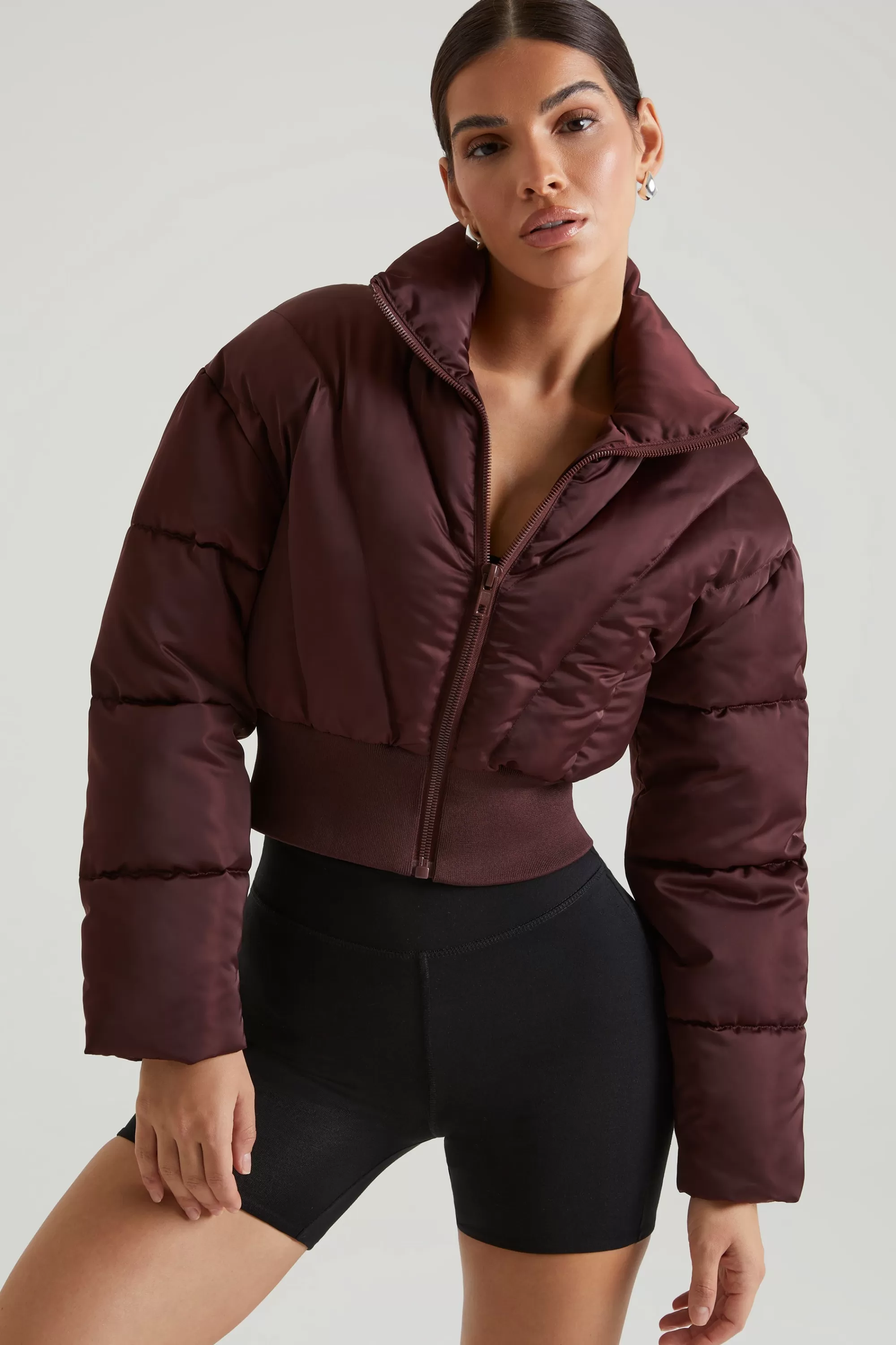 Oh Polly Ribbed Puffer Jacket in Brown Hot