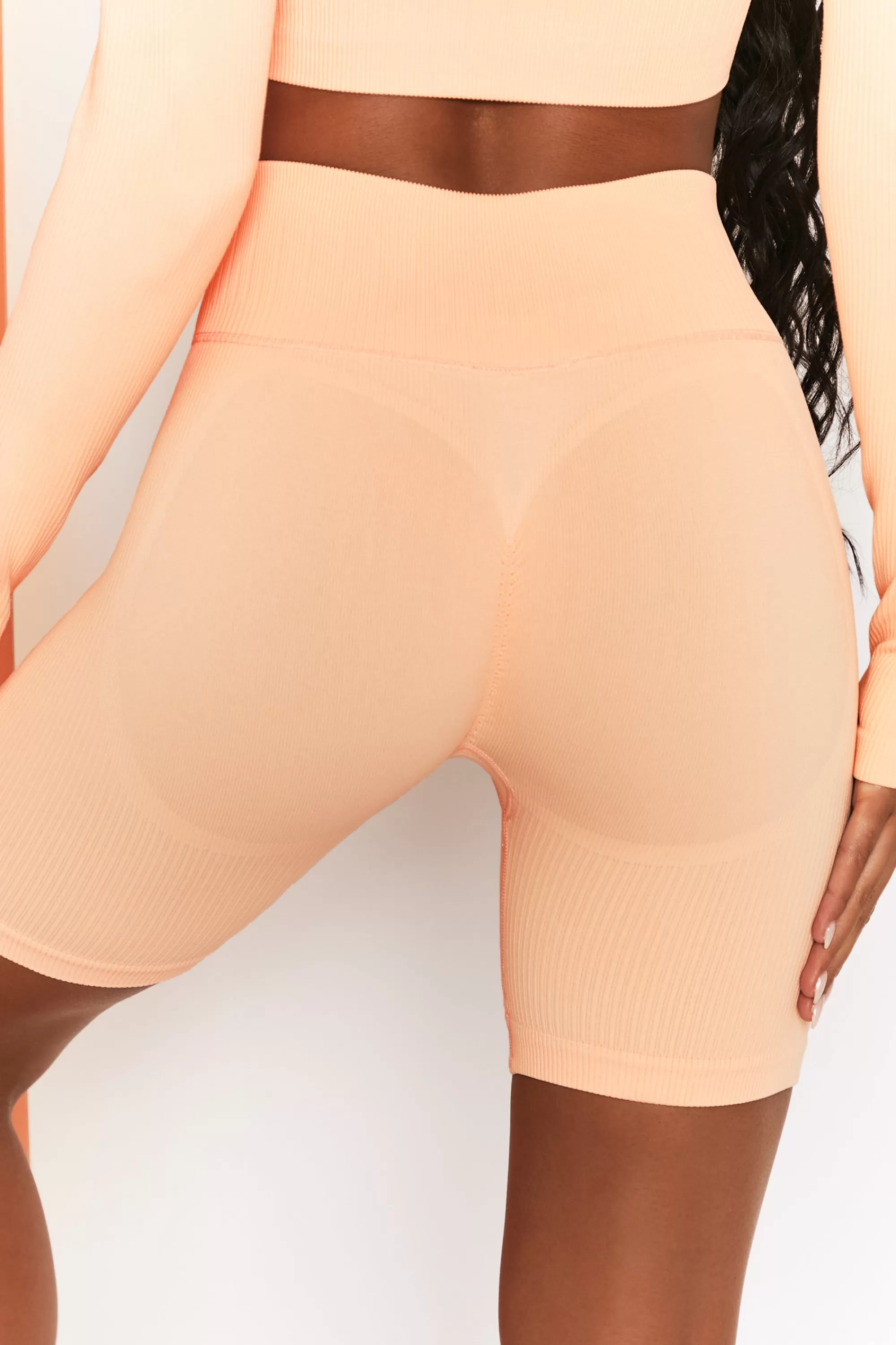 Oh Polly Ribbed Tie Front Cycling Shorts in Peach Flash Sale