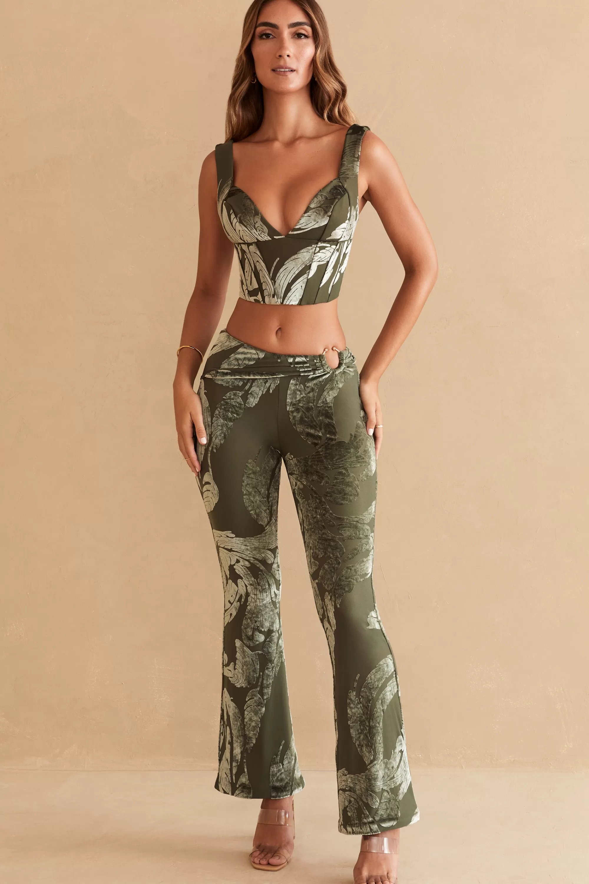 Oh Polly Ring Detail Bootleg Trousers in Olive Print OlivePrint Fashion