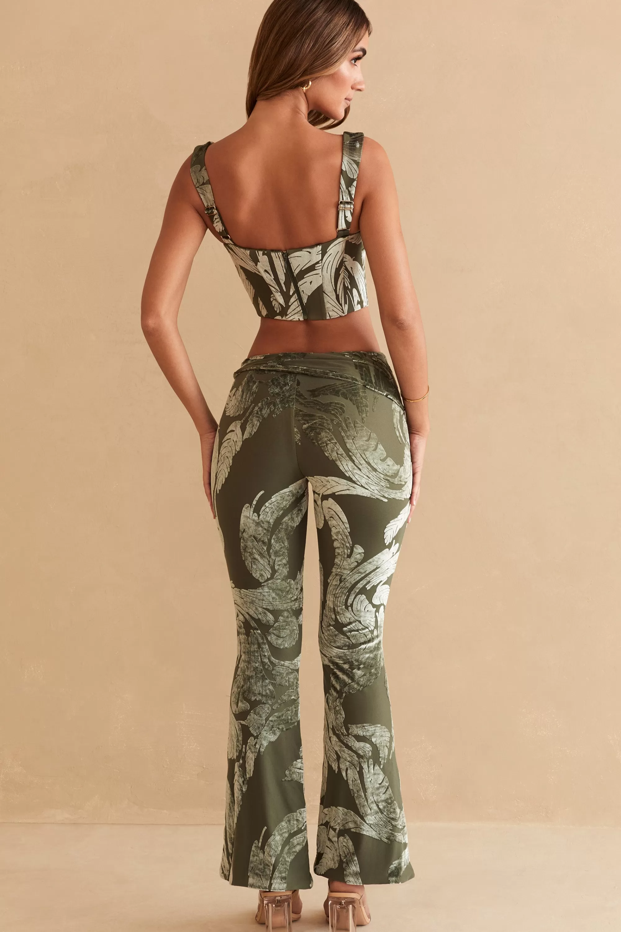 Oh Polly Ring Detail Bootleg Trousers in Olive Print OlivePrint Fashion