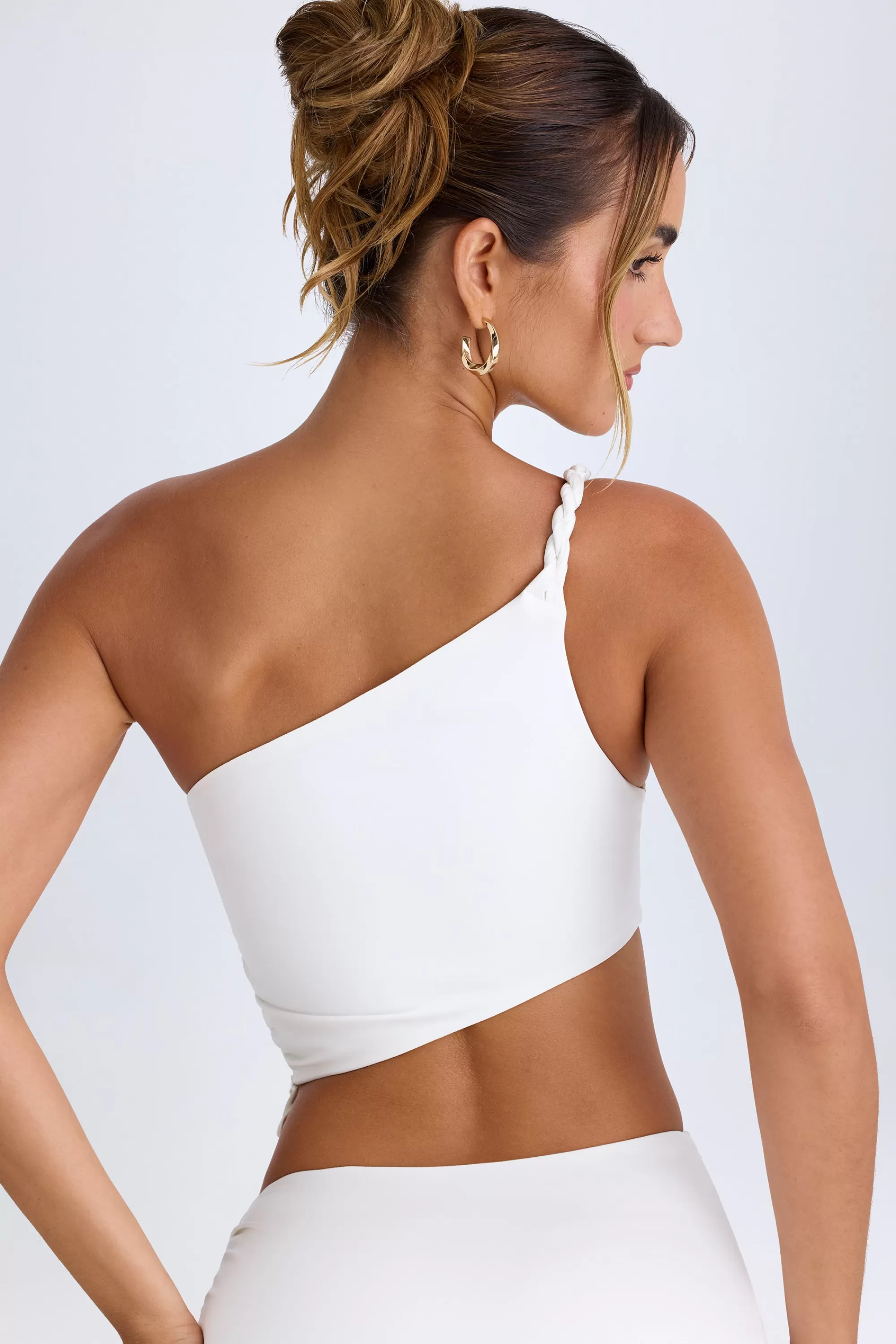 Oh Polly Ruched Asymmetric Crop Top in White Hot