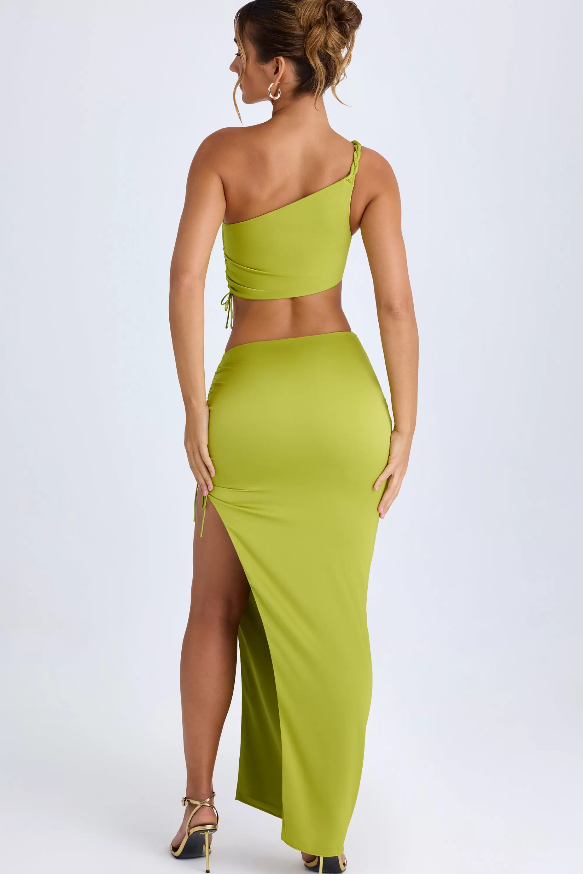 Oh Polly Ruched Asymmetric Maxi Skirt in Pear Green PearGreen Best