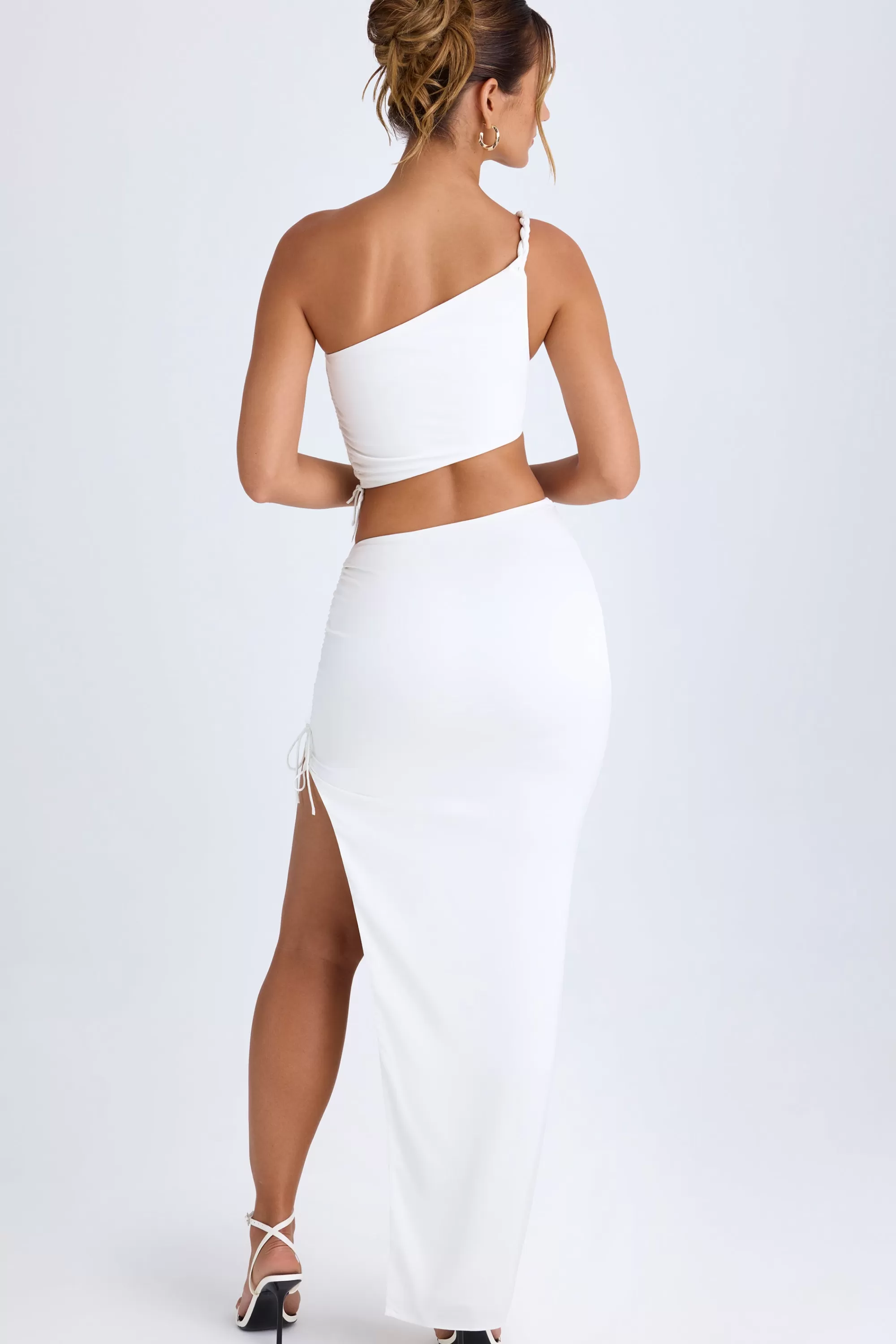 Oh Polly Ruched Asymmetric Maxi Skirt in White Outlet