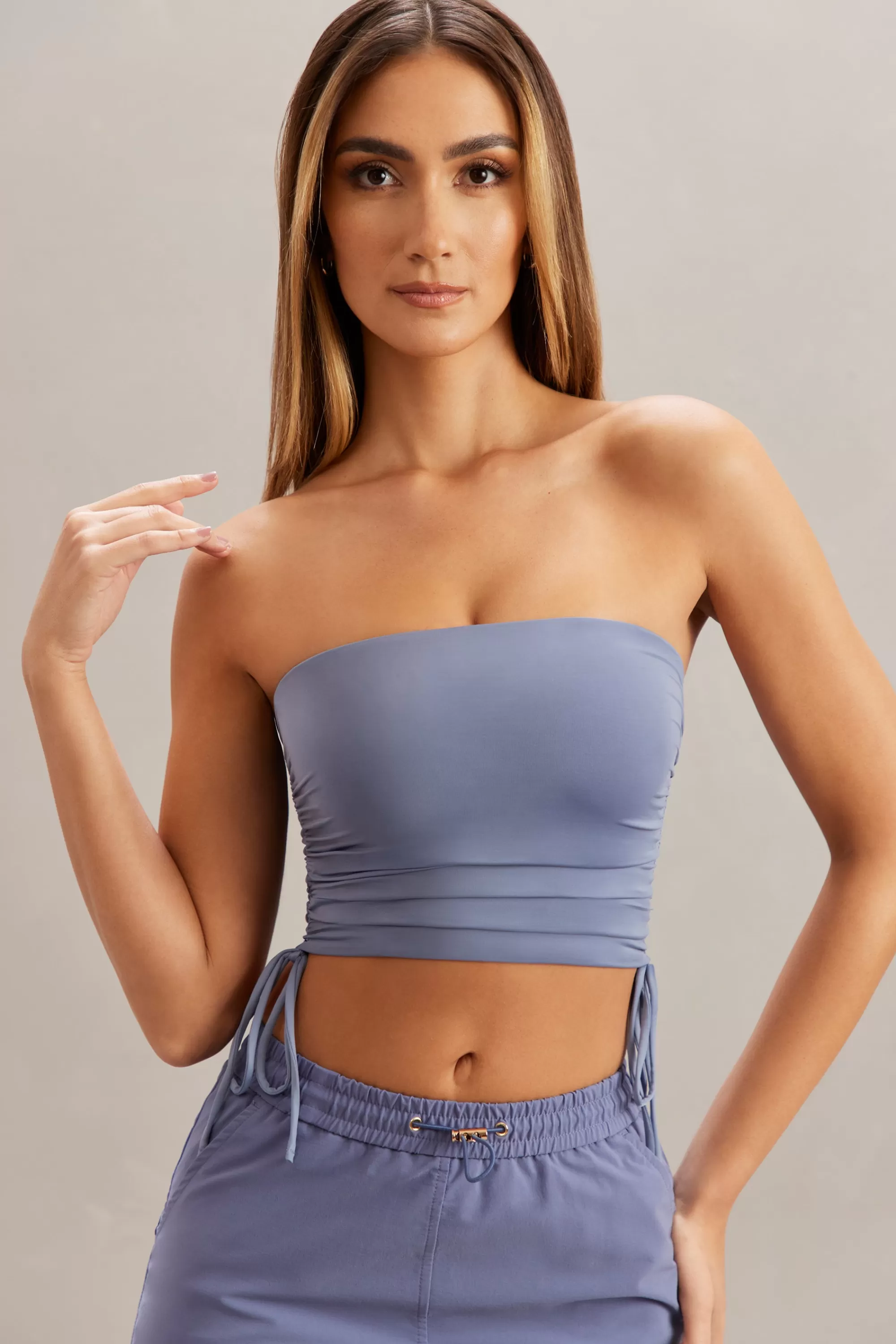 Oh Polly Ruched Bandeau Crop Top in Blue Outlet