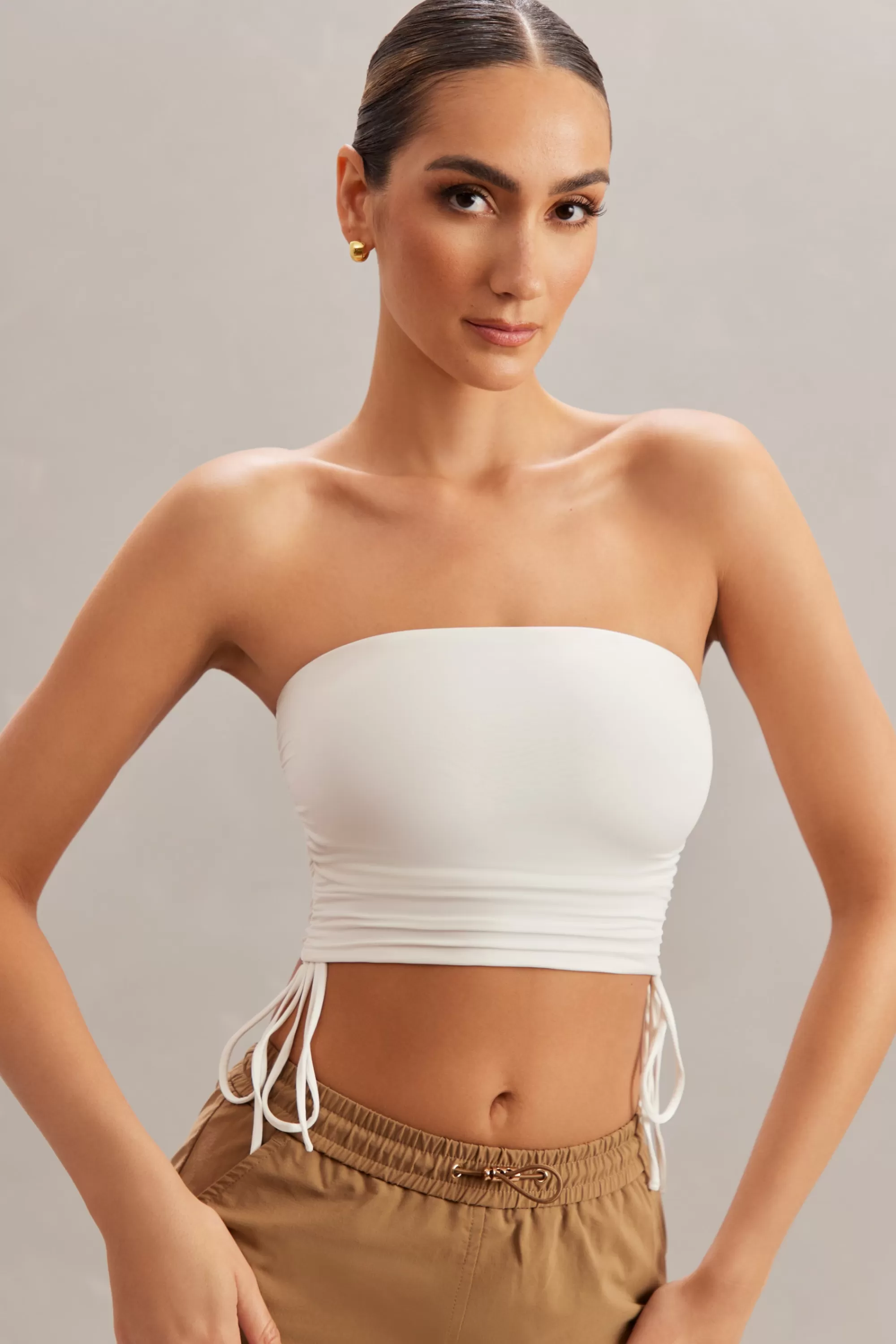 Oh Polly Ruched Bandeau Crop Top in Ivory Clearance