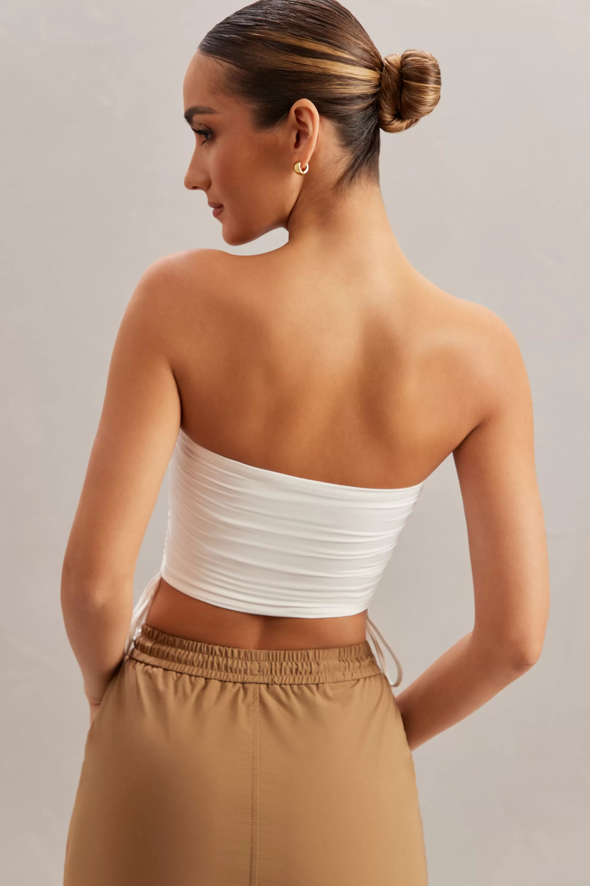 Oh Polly Ruched Bandeau Crop Top in Ivory Clearance