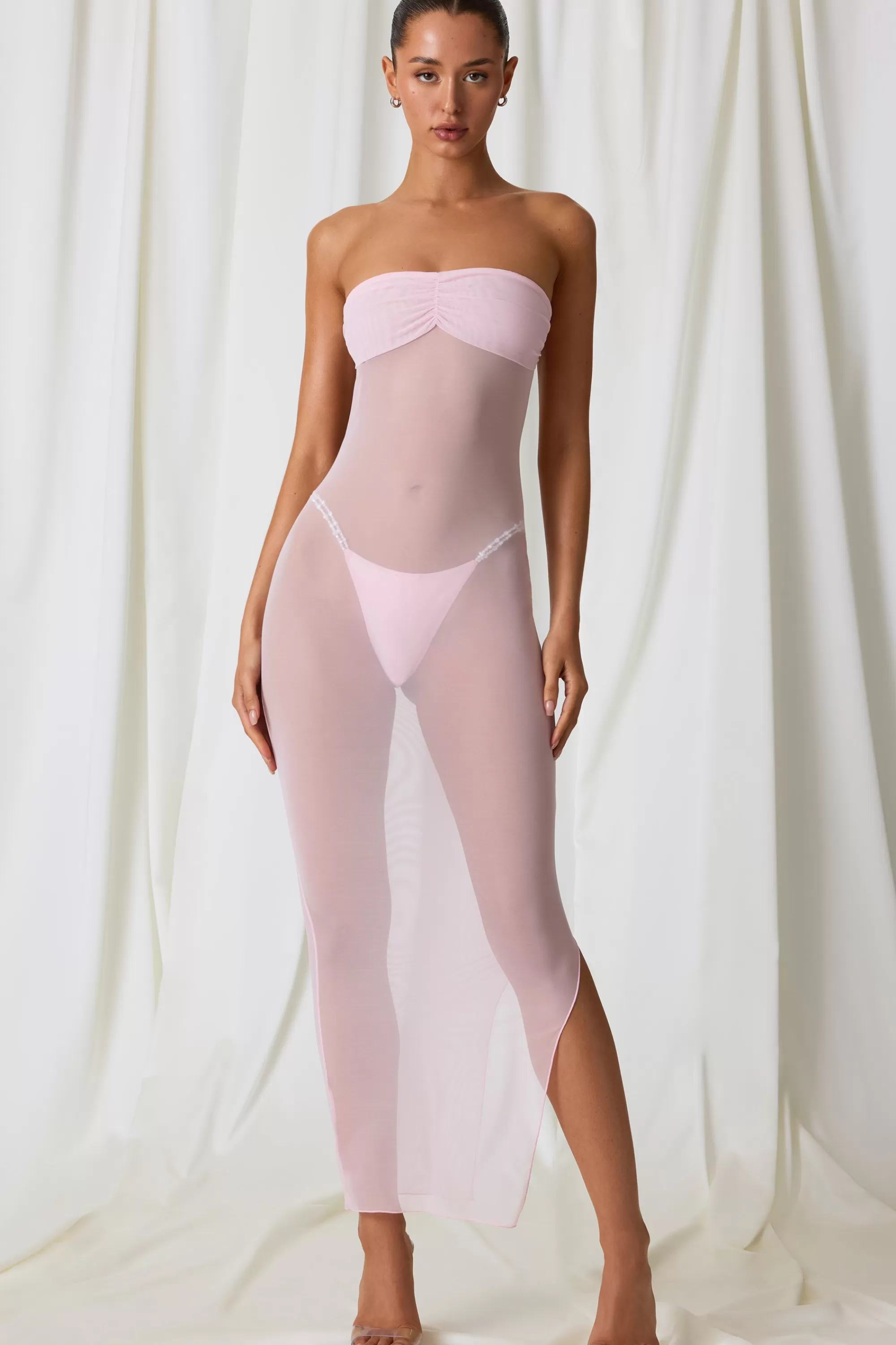 Oh Polly Ruched Bandeau Midi Dress in Soft Pink SoftPink Best Sale