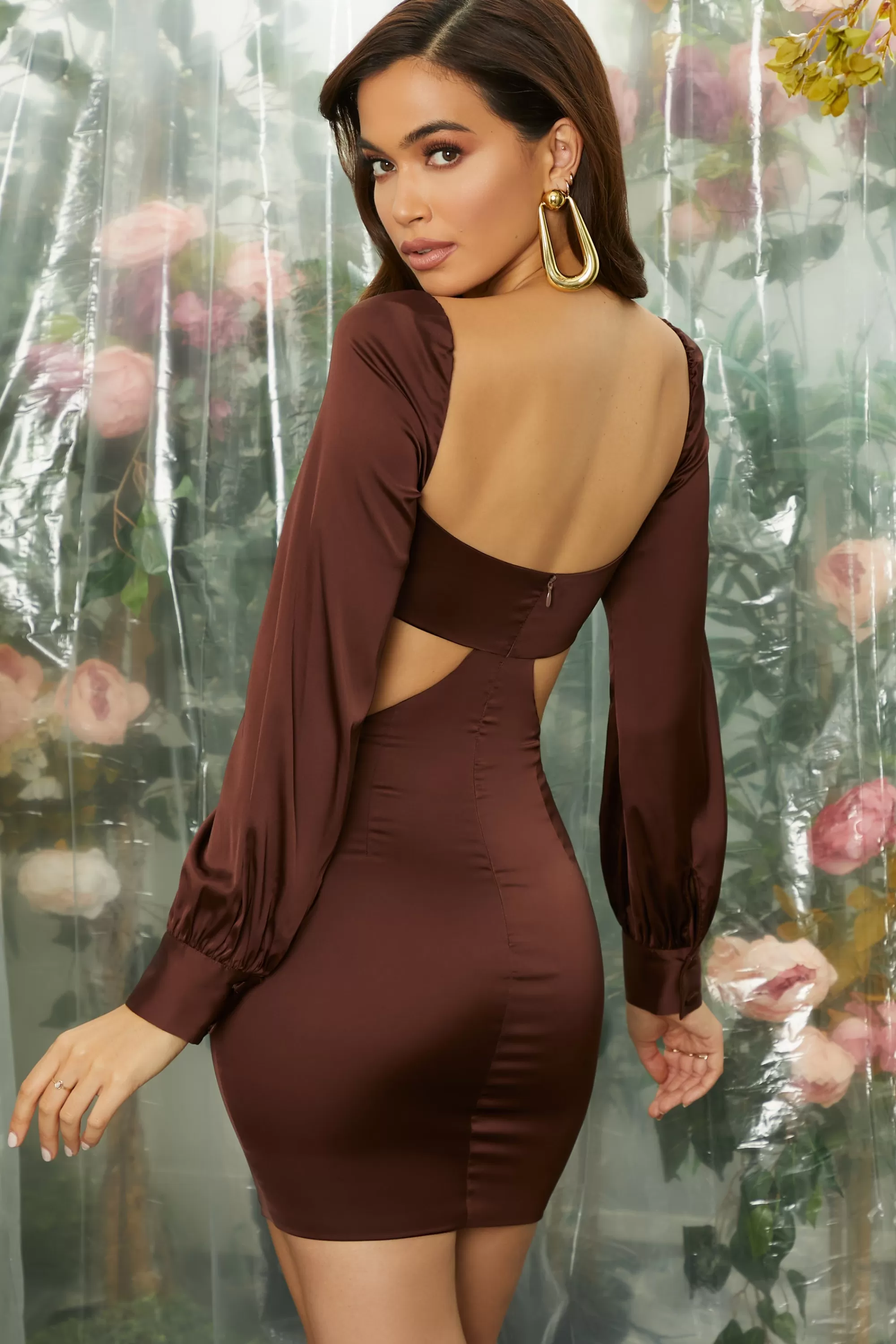 Oh Polly Ruched Bust Cut Out Long Sleeve Mini Dress in Brown Best Sale