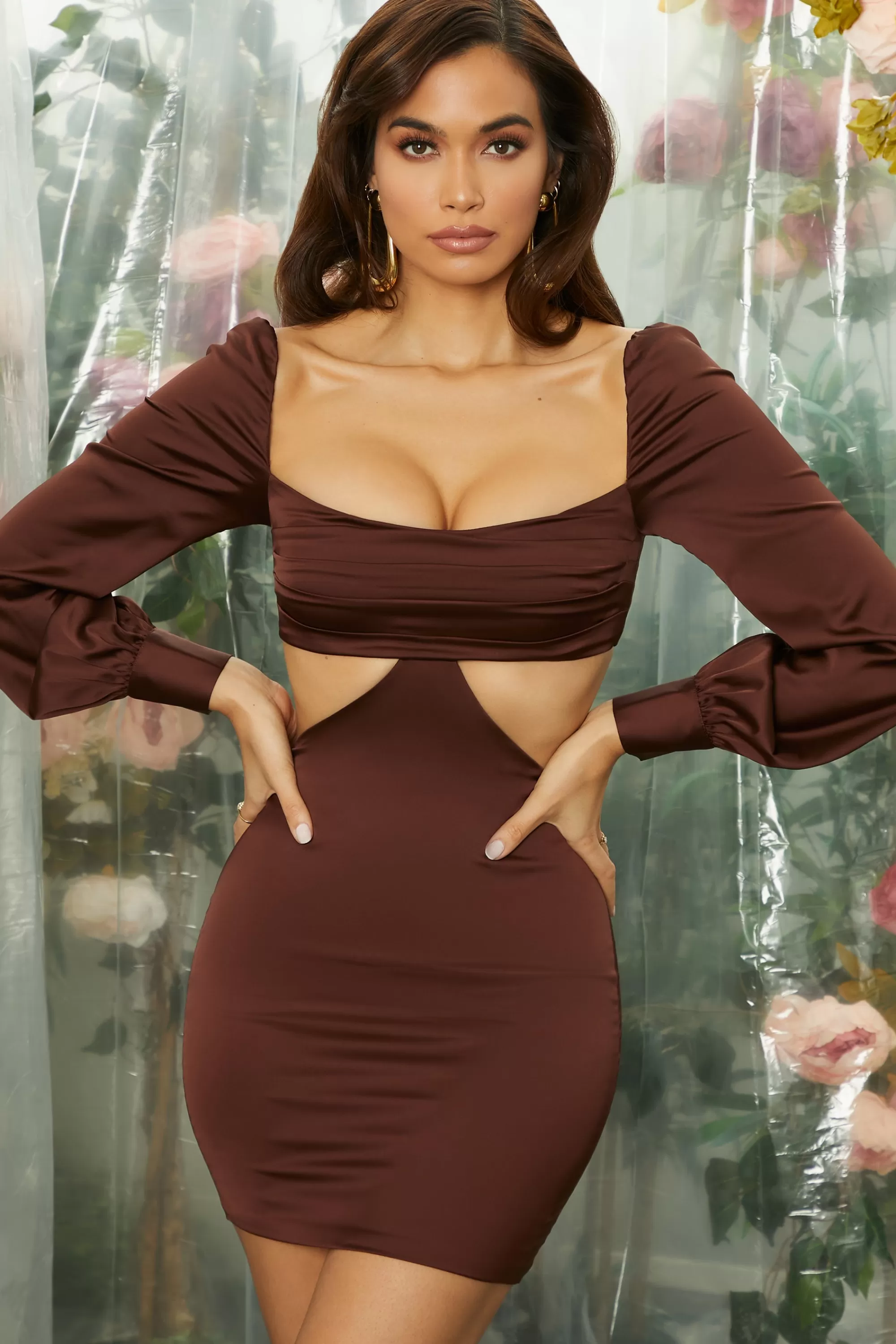 Oh Polly Ruched Bust Cut Out Long Sleeve Mini Dress in Brown Best Sale