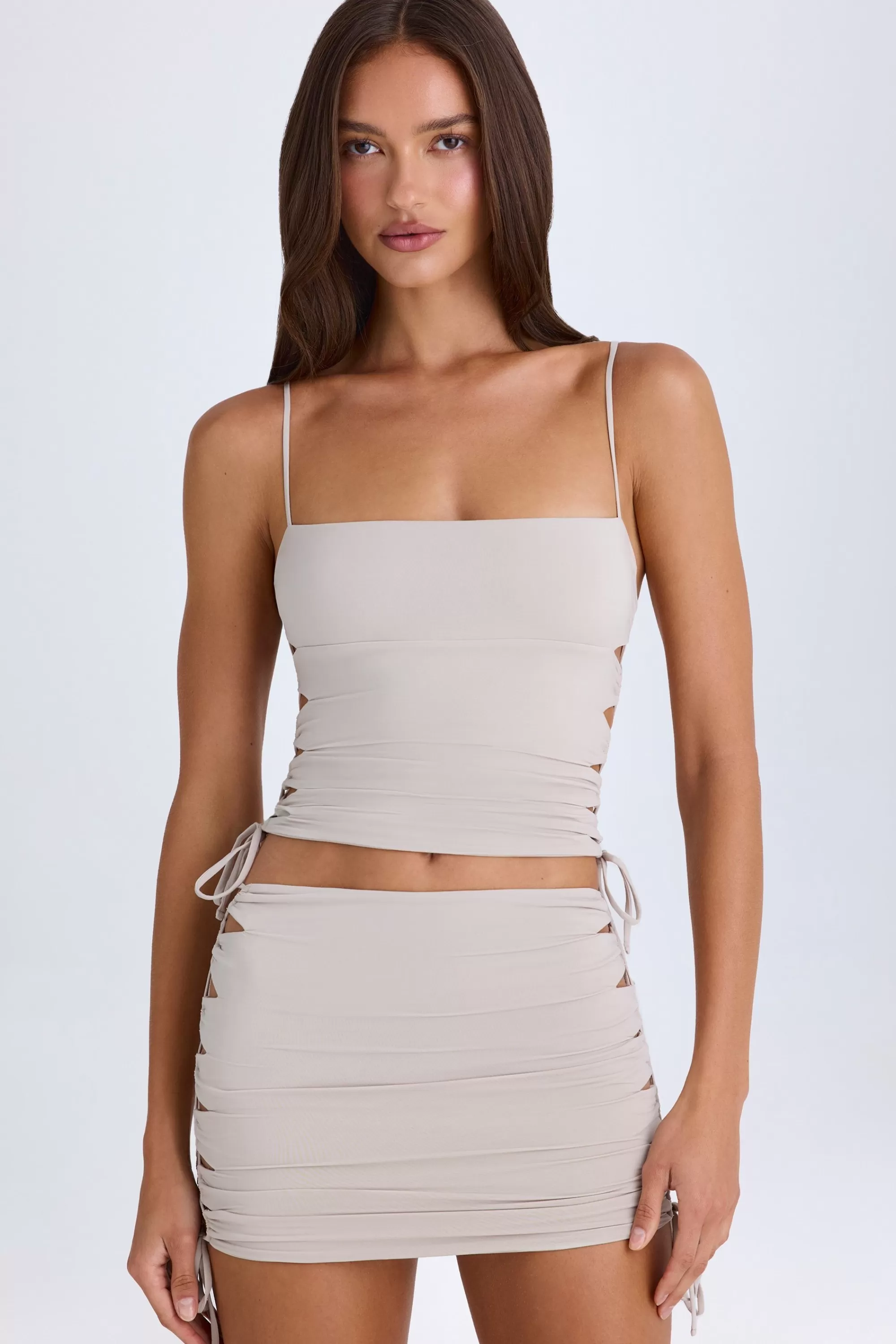 Oh Polly Ruched Cut-Out Mini Skirt in Taupe Flash Sale