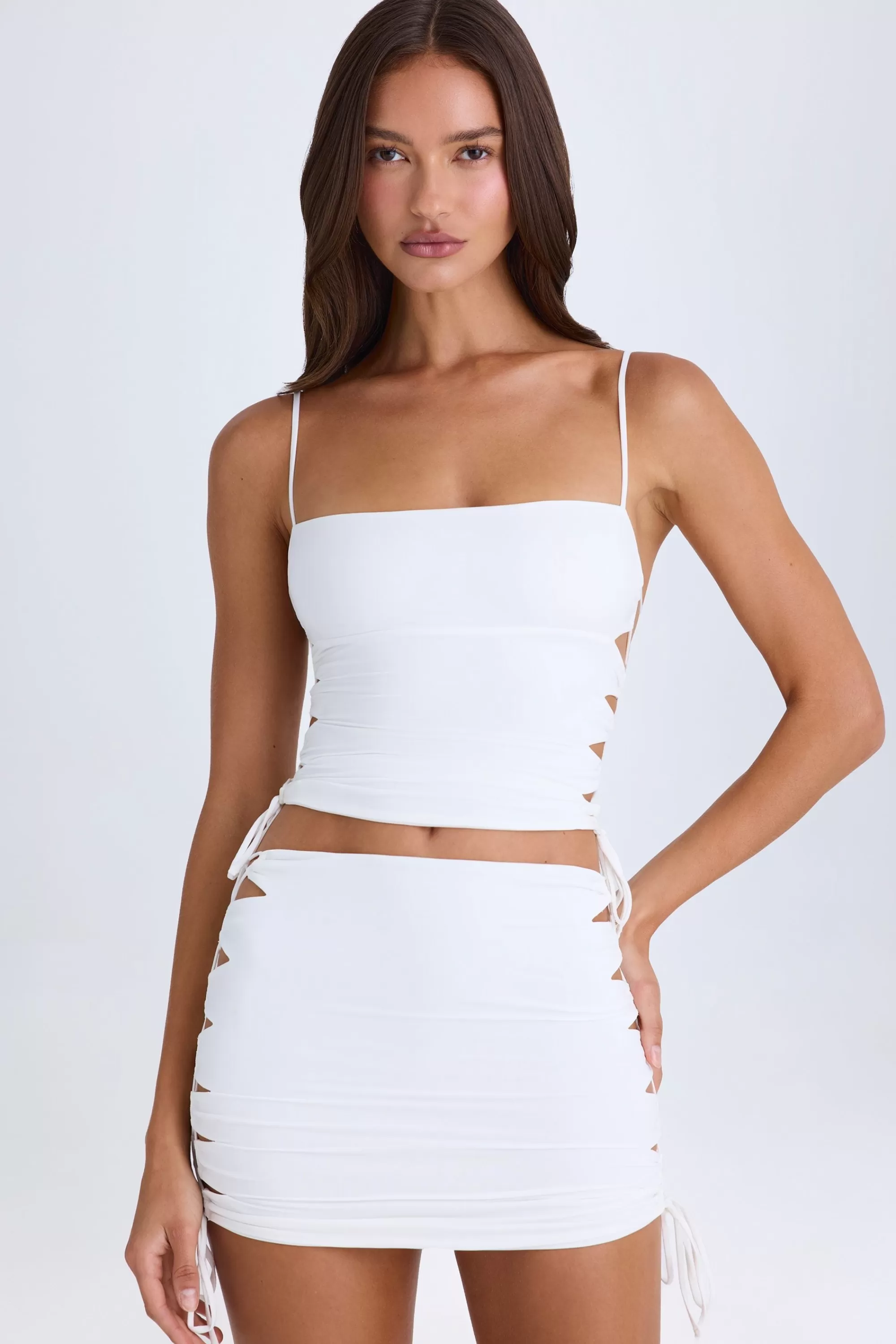 Oh Polly Ruched Cut-Out Mini Skirt in White Flash Sale