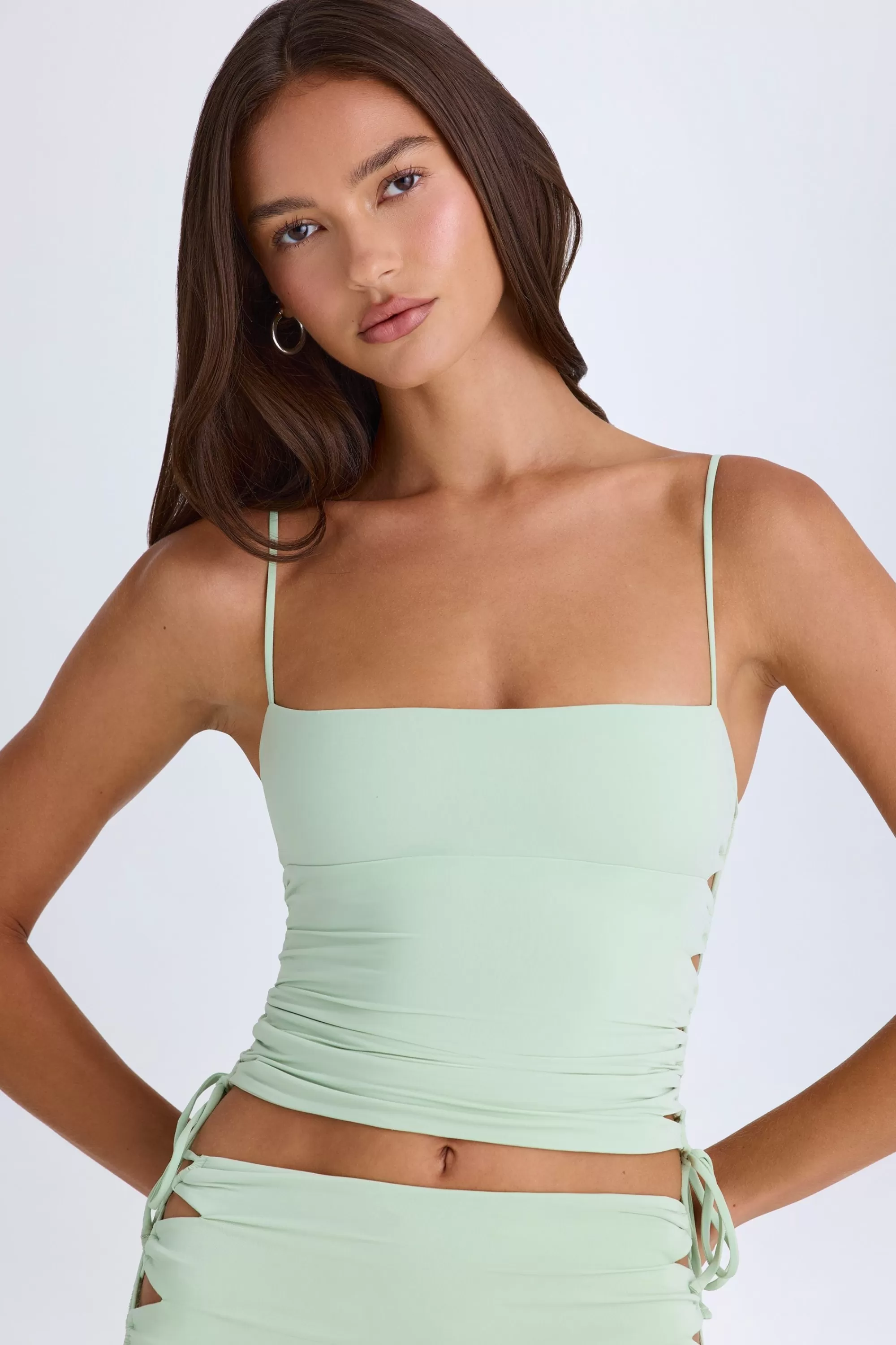 Oh Polly Ruched Cut-Out Top in Green Fashion