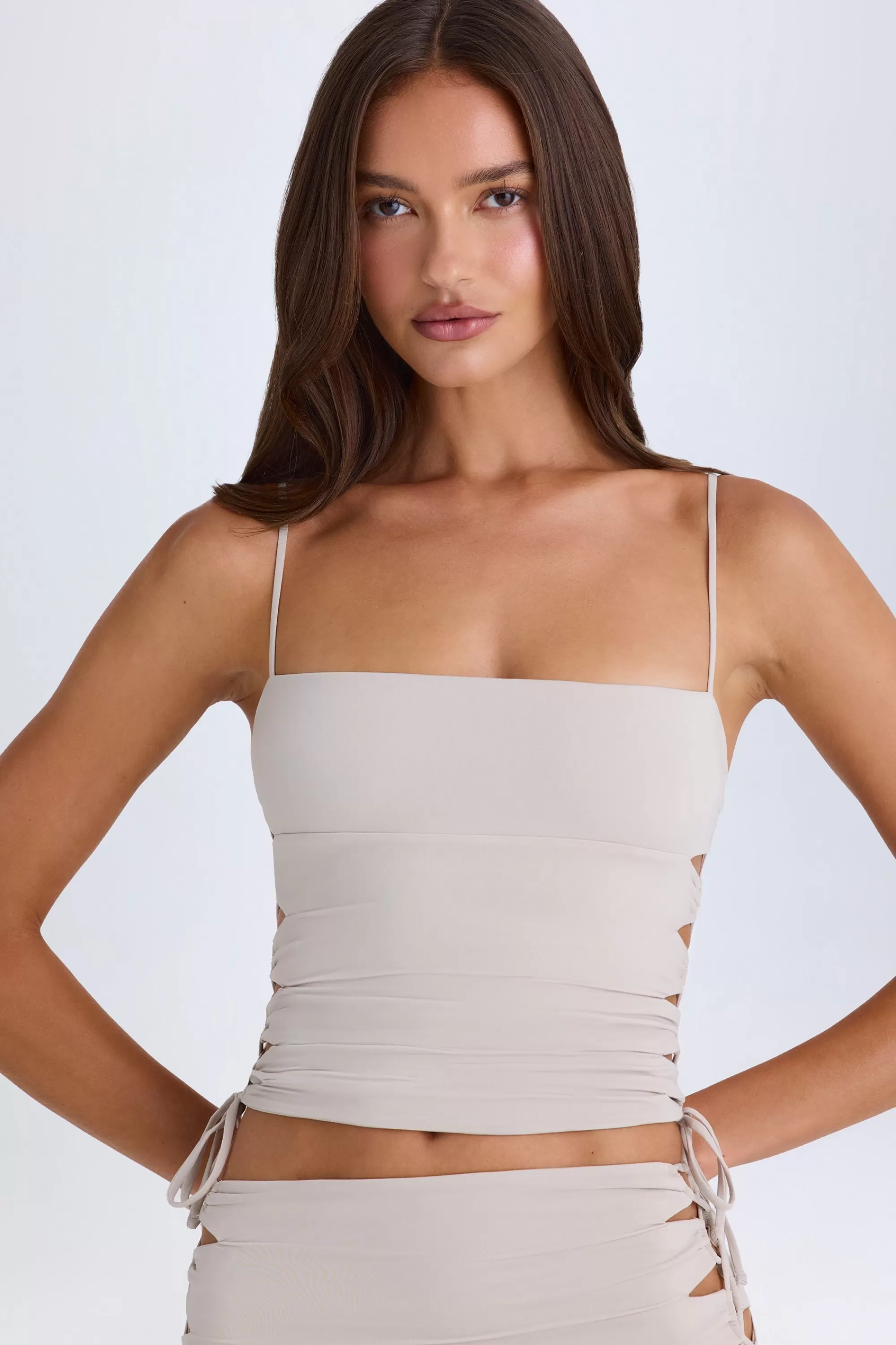 Oh Polly Ruched Cut-Out Top in Taupe Fashion