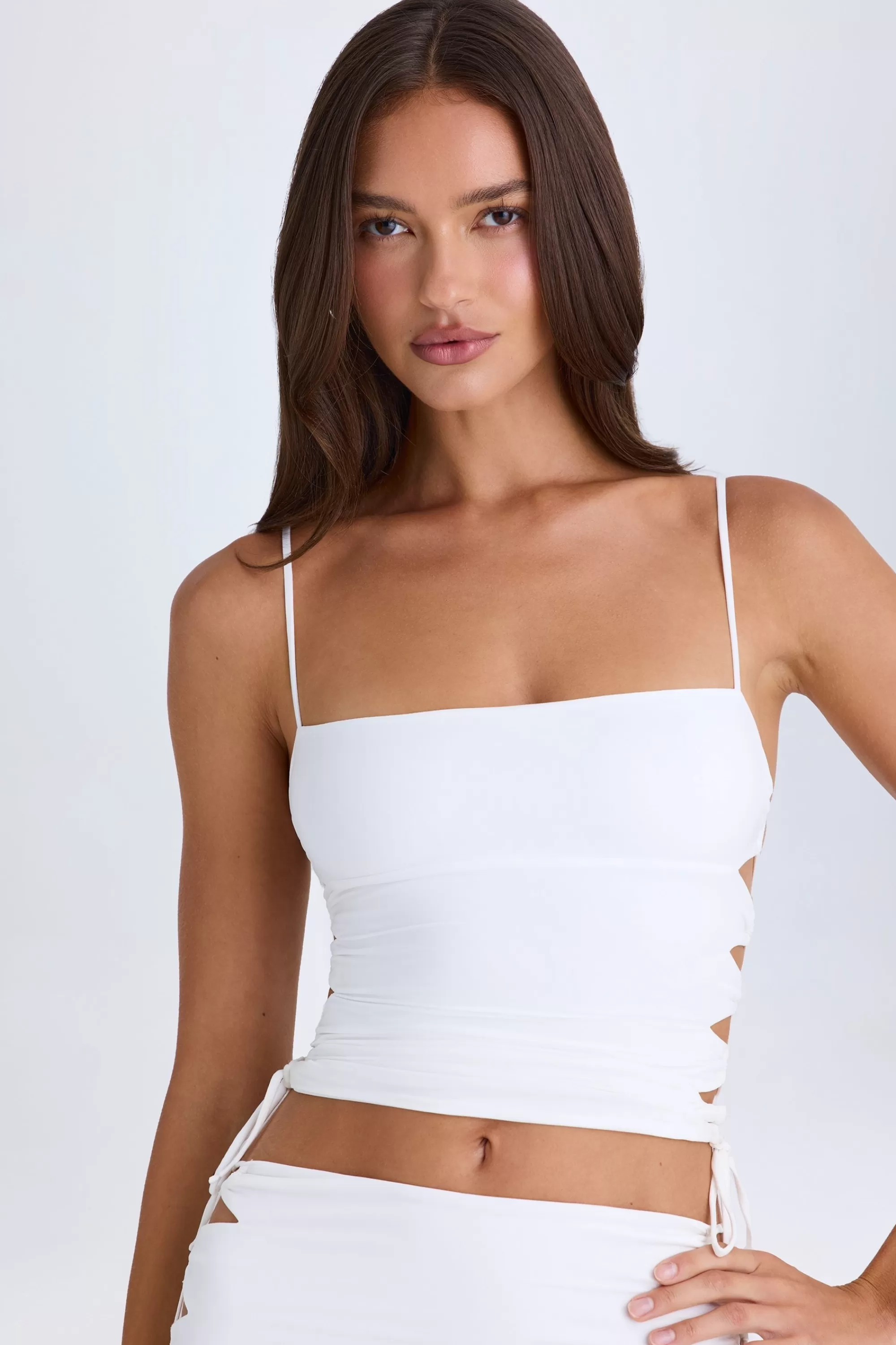 Oh Polly Ruched Cut-Out Top in White Discount