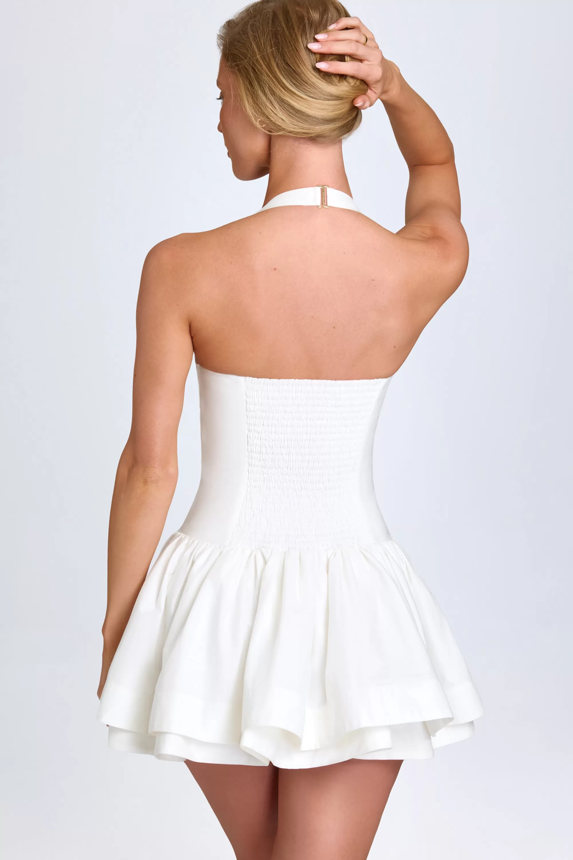 Oh Polly Ruched Halterneck Mini Dress in White Clearance