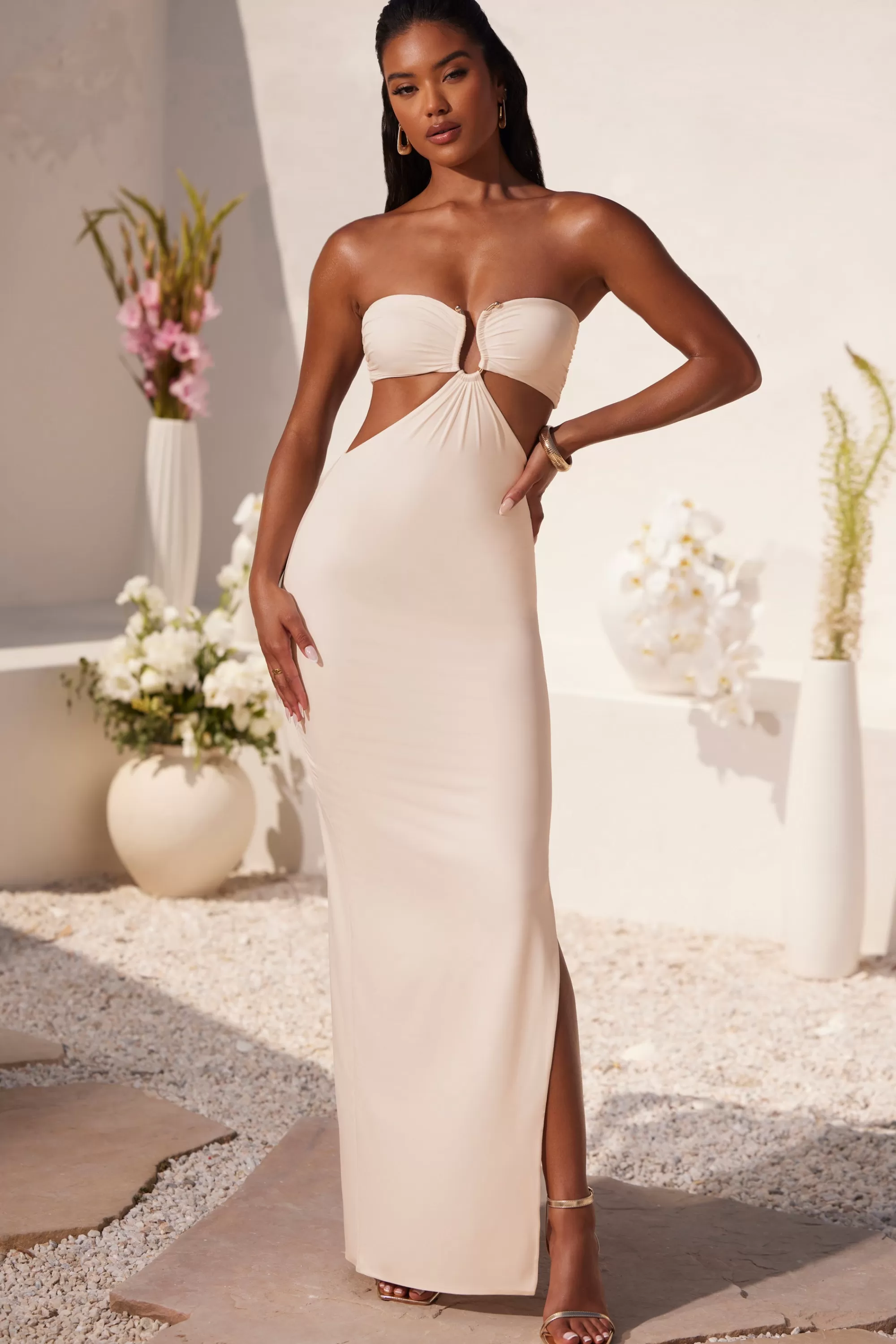 Oh Polly Ruched Hardware Detail Bandeau Floor Length Dress in Ivory Cheap