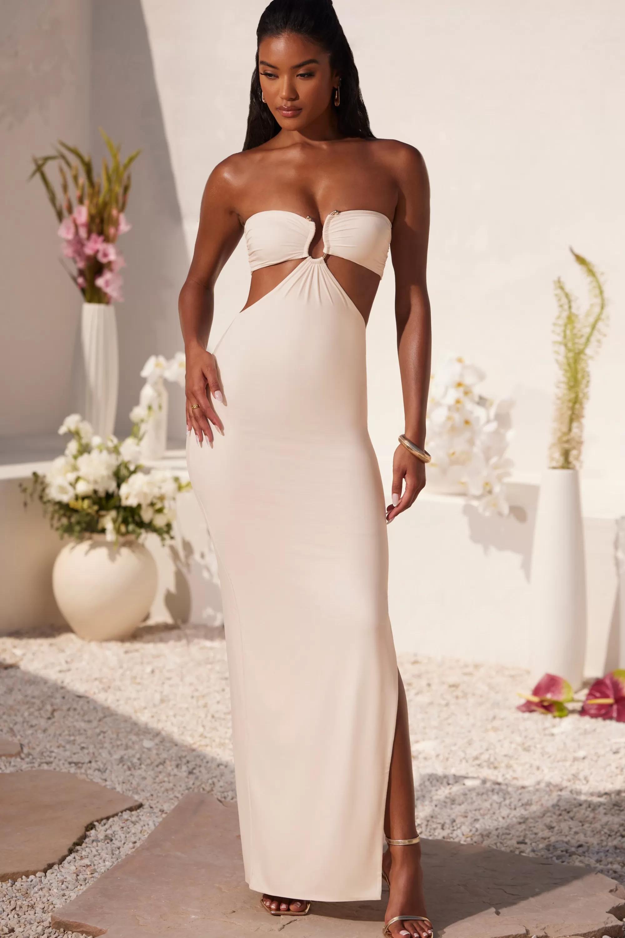 Oh Polly Ruched Hardware Detail Bandeau Floor Length Dress in Ivory Cheap