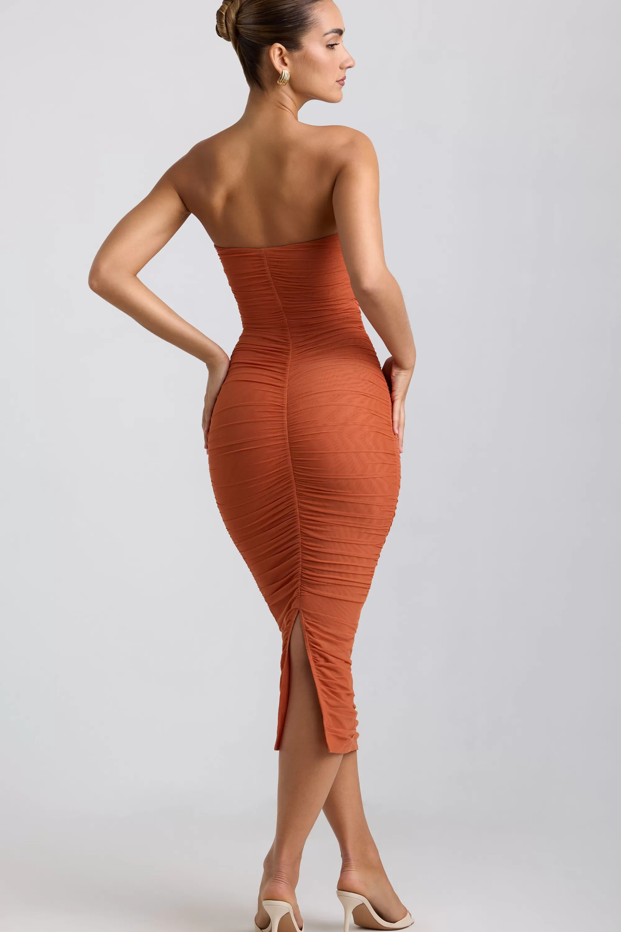 Oh Polly Ruched Hardware Detail Strapless Midaxi Dress in Burnt Orange BurntOrange Discount