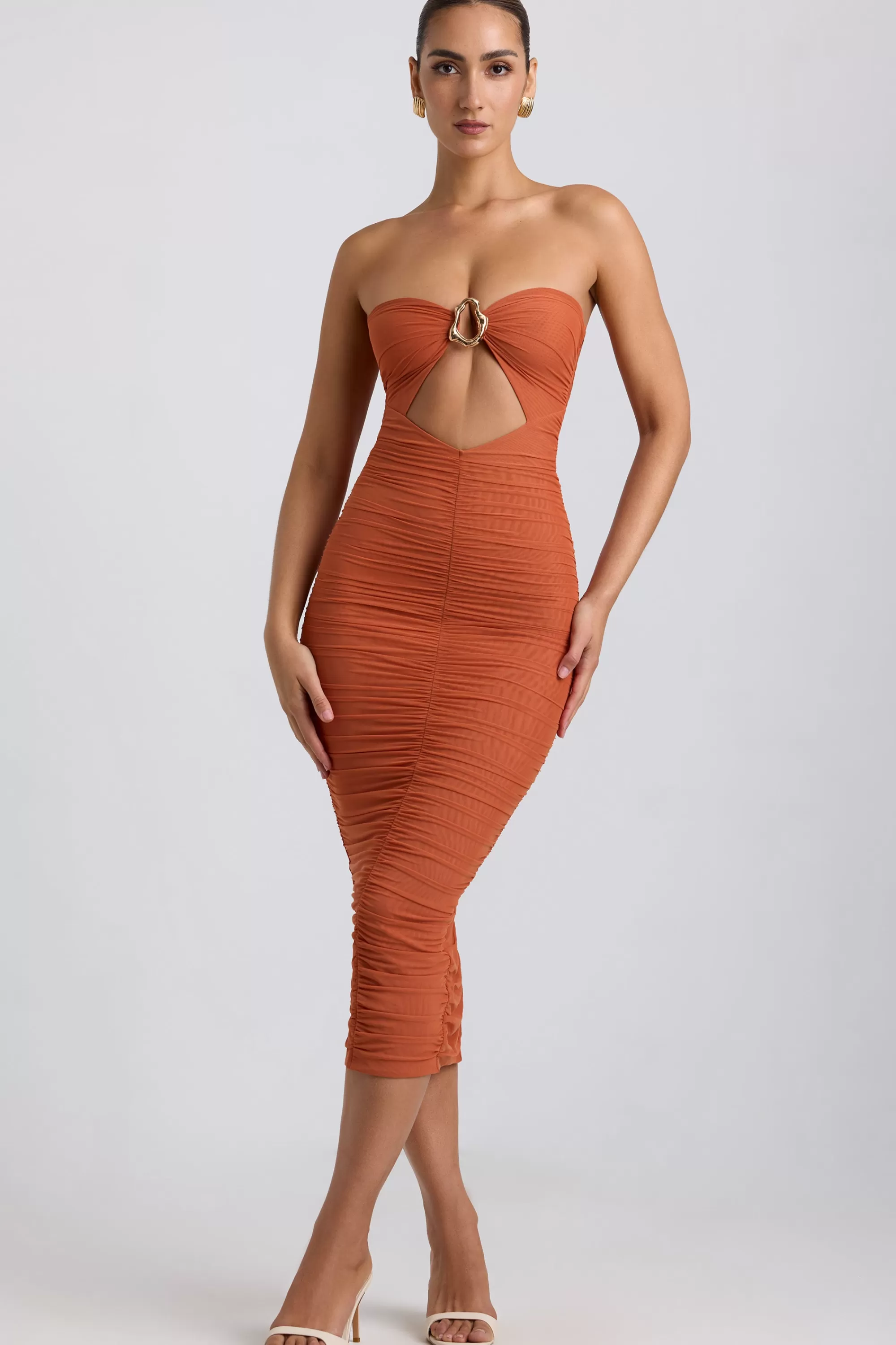 Oh Polly Ruched Hardware Detail Strapless Midaxi Dress in Burnt Orange BurntOrange Discount