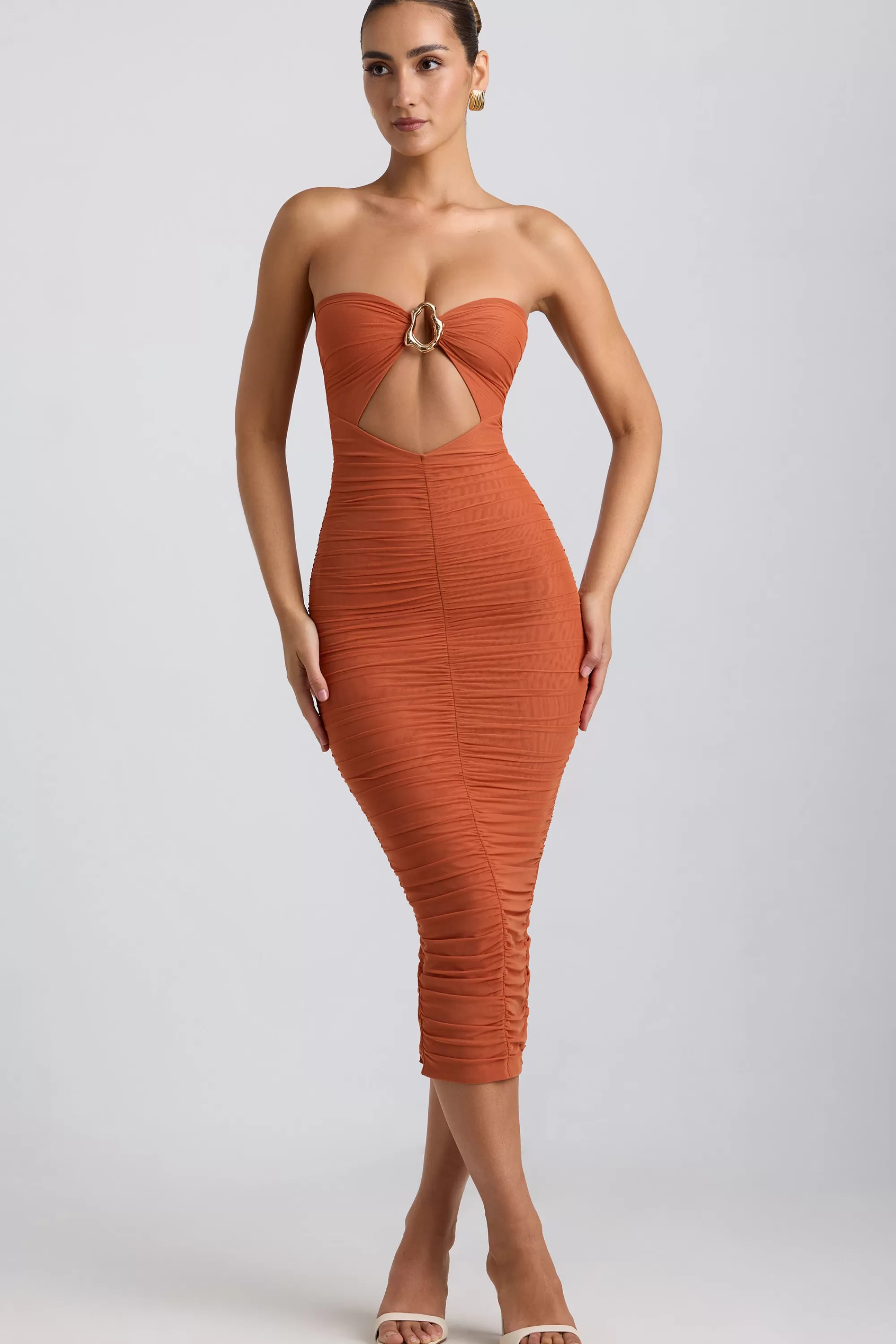 Oh Polly Ruched Hardware Detail Strapless Midaxi Dress in Burnt Orange BurntOrange Discount