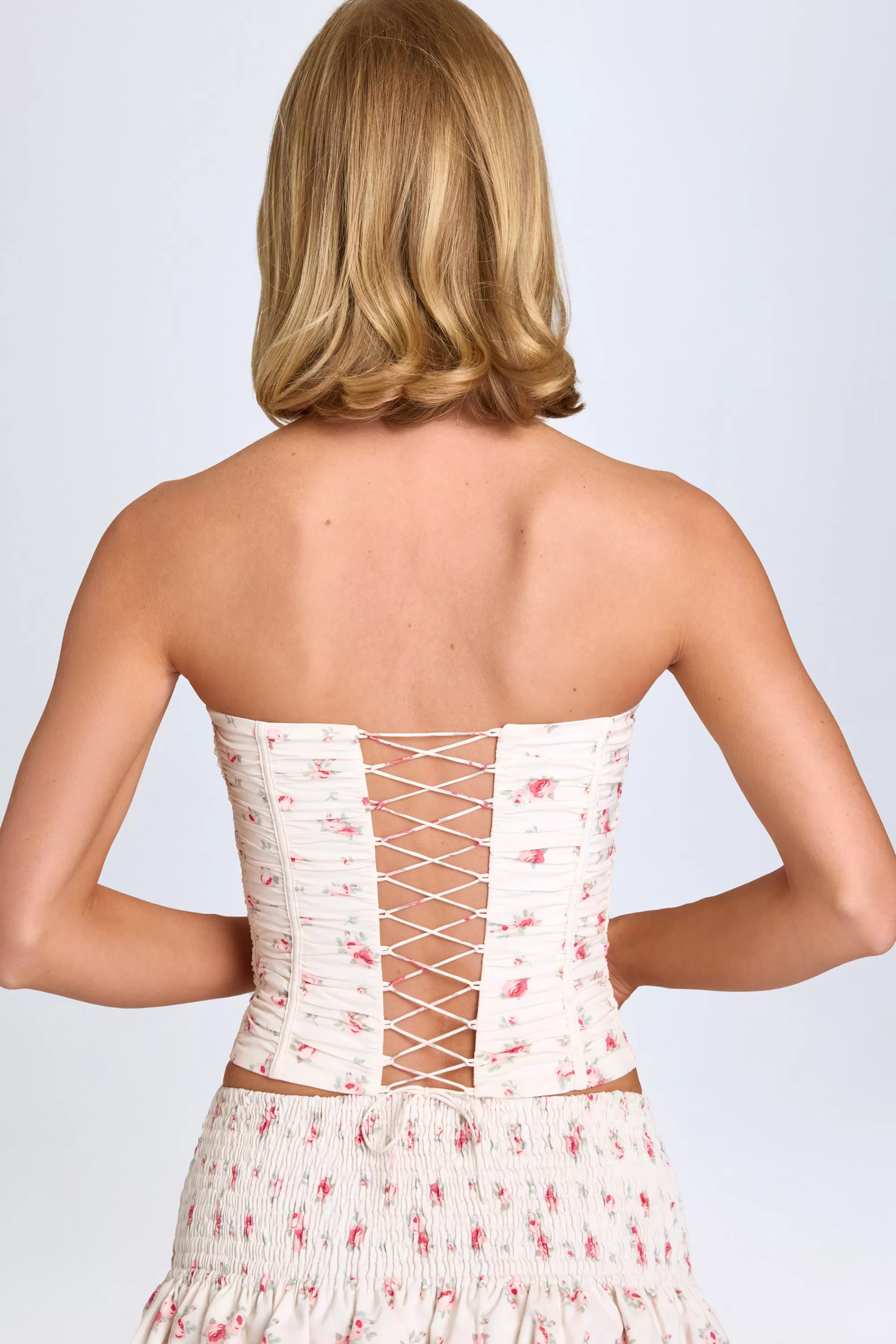 Oh Polly Ruched Lace-Up Corset Top in Small Rose Print SmallRosePrint Outlet