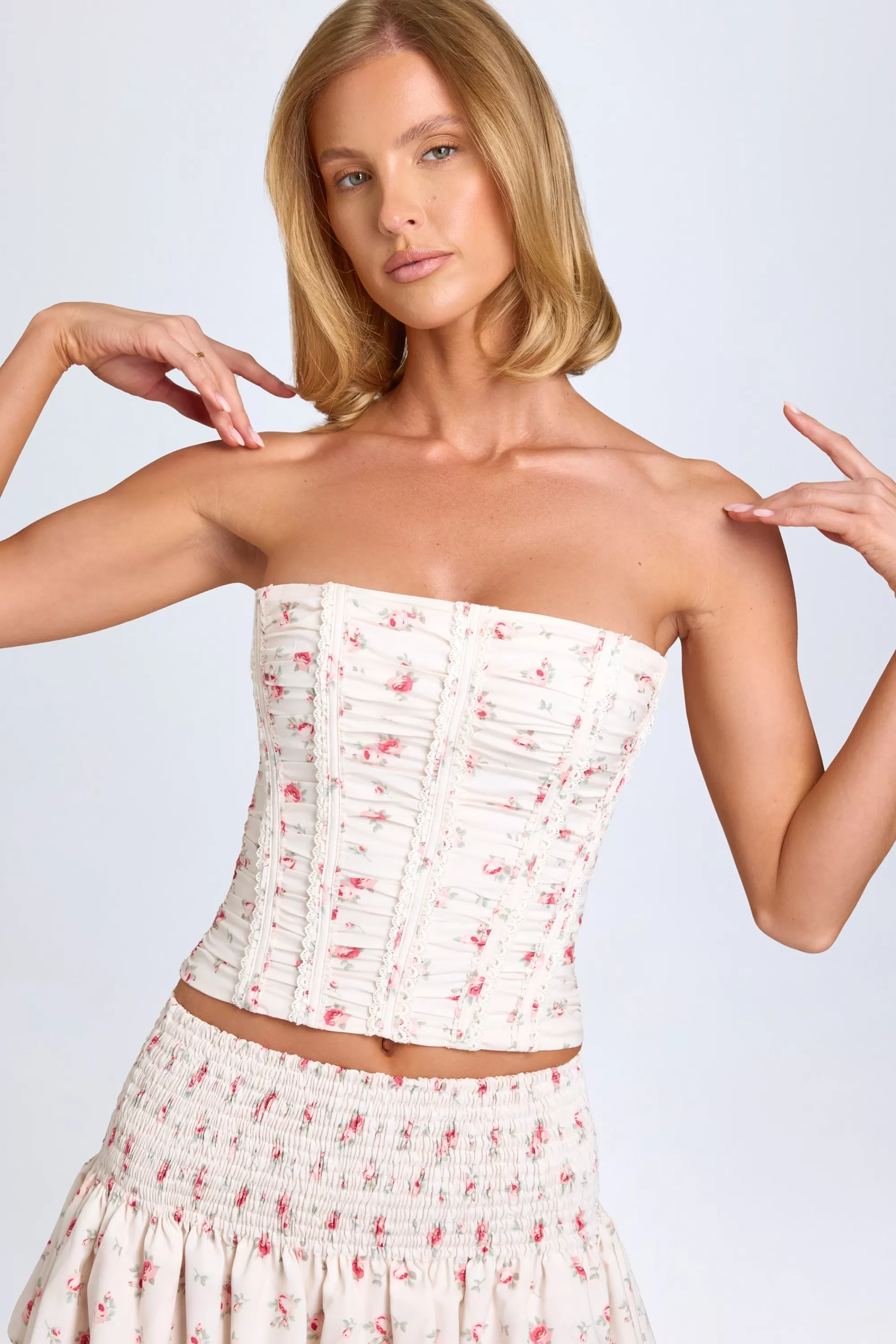Oh Polly Ruched Lace-Up Corset Top in Small Rose Print SmallRosePrint Outlet