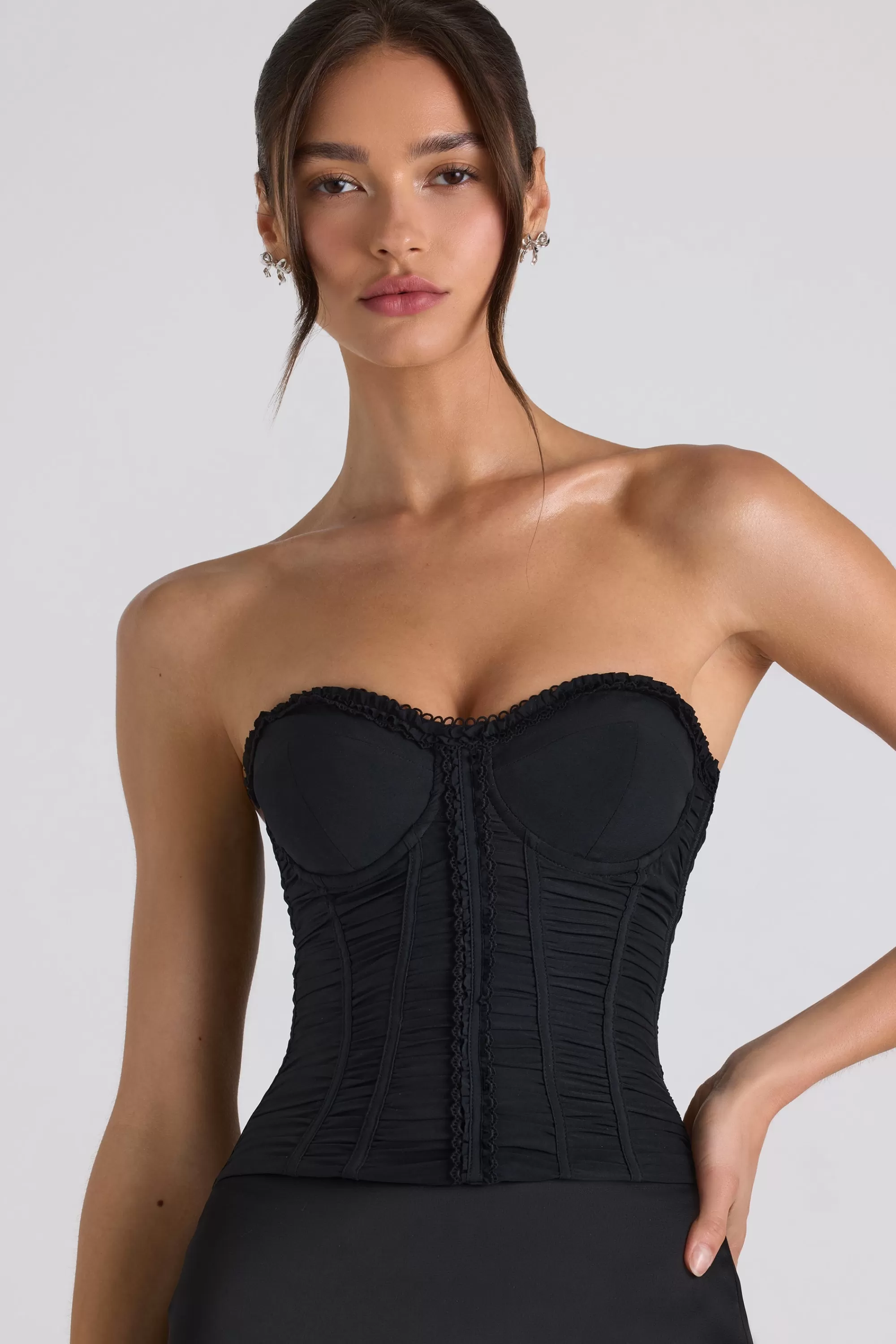 Oh Polly Ruched Lace-Up Strapless Corset Top in Black New