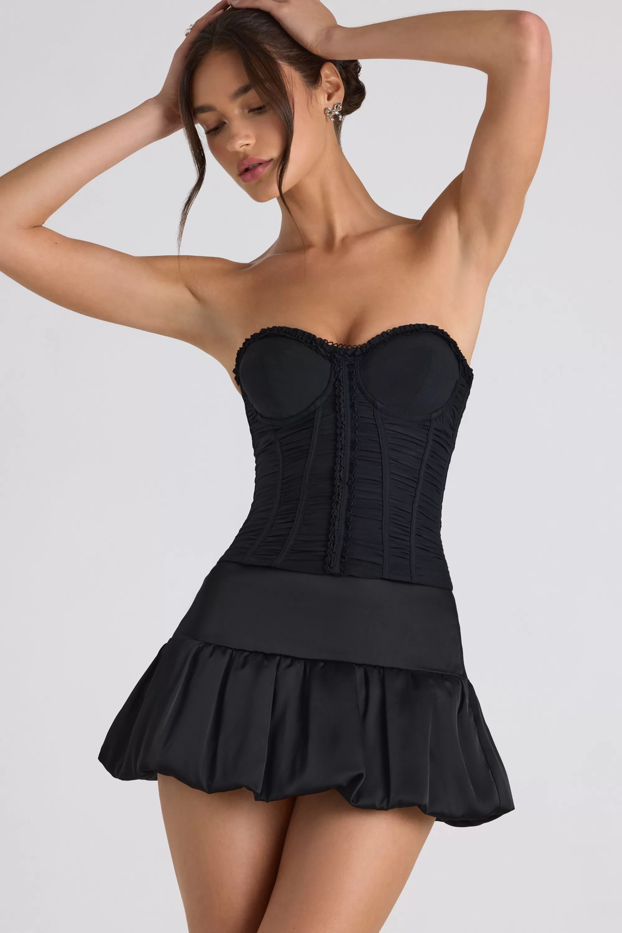 Oh Polly Ruched Lace-Up Strapless Corset Top in Black New