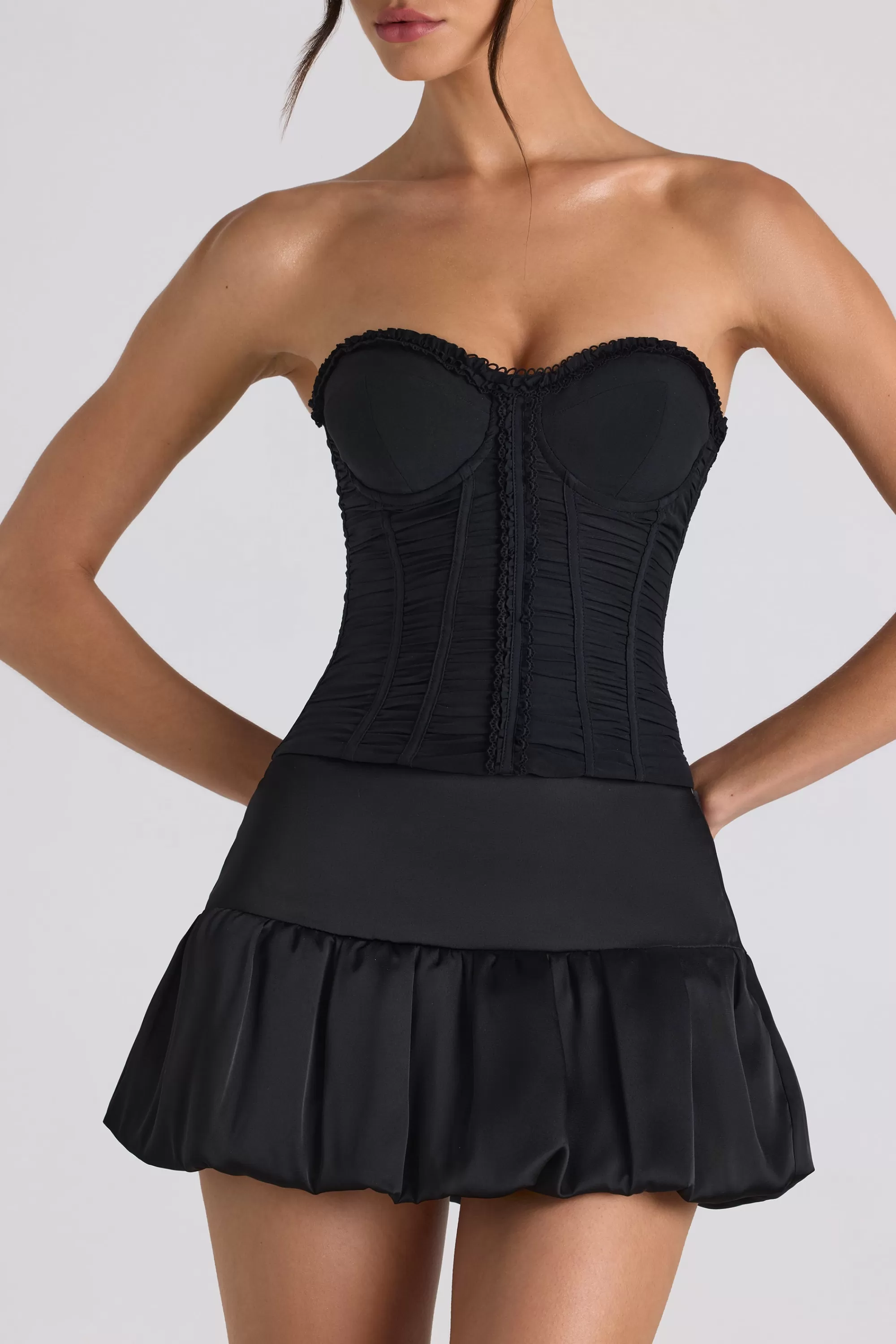 Oh Polly Ruched Lace-Up Strapless Corset Top in Black New