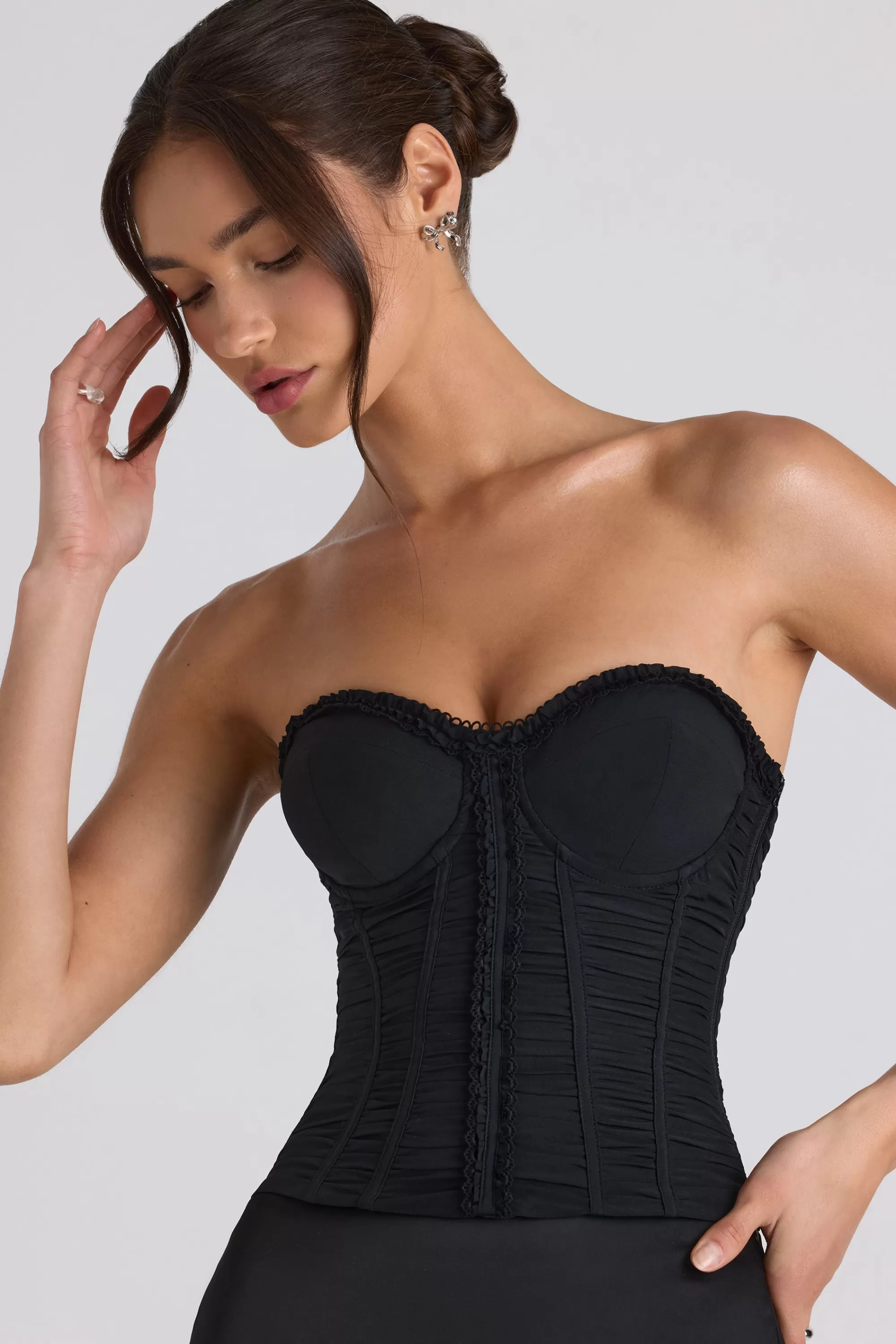 Oh Polly Ruched Lace-Up Strapless Corset Top in Black New