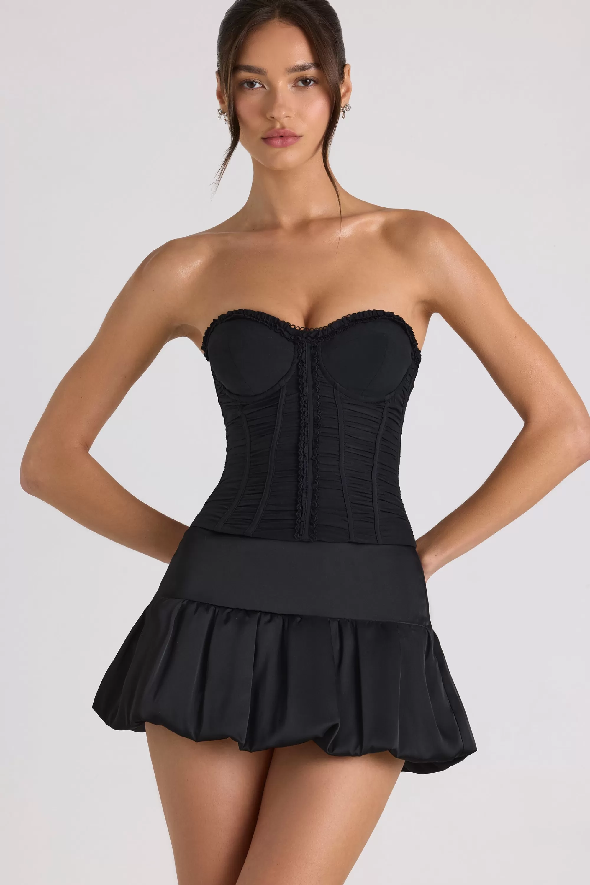 Oh Polly Ruched Lace-Up Strapless Corset Top in Black New
