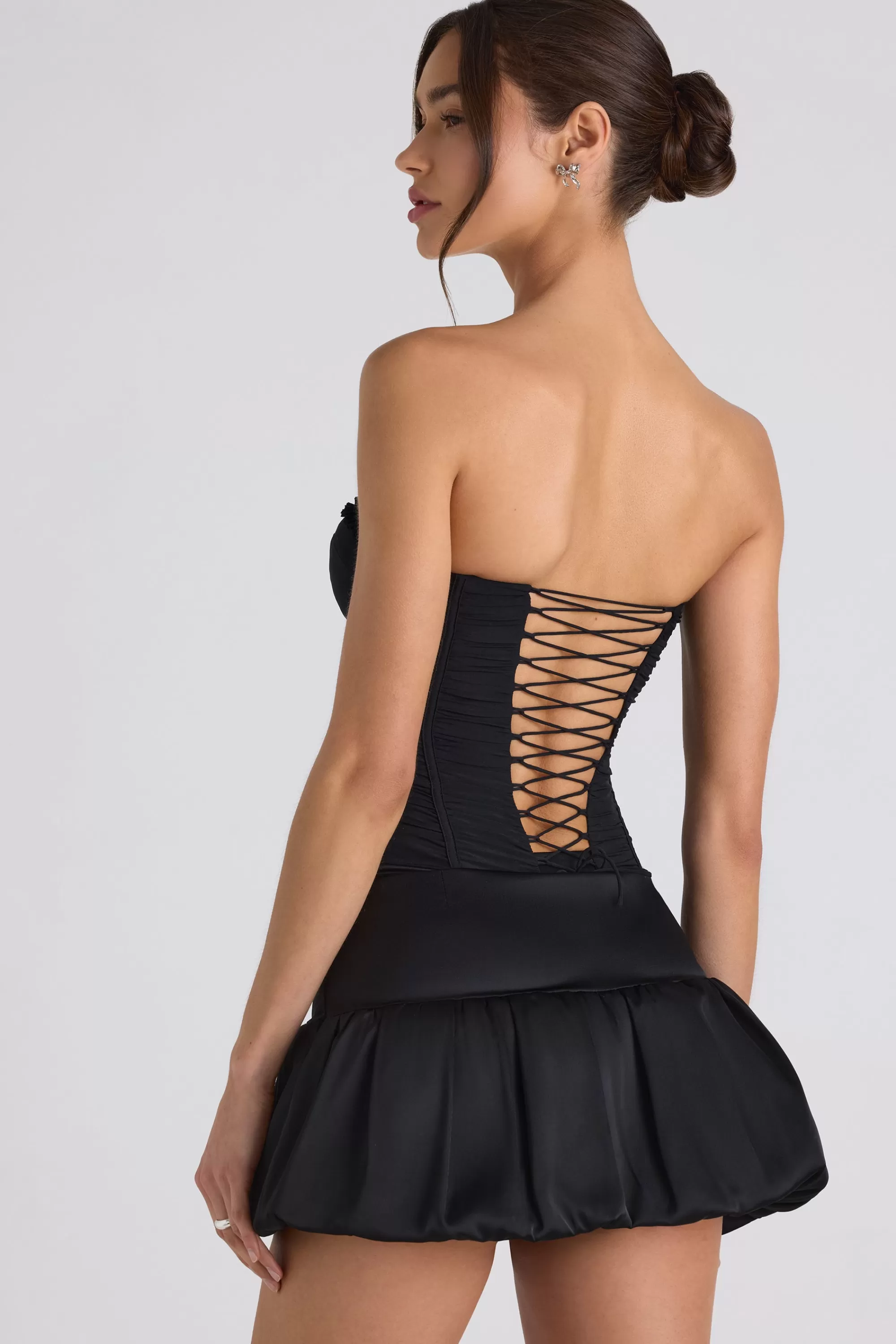 Oh Polly Ruched Lace-Up Strapless Corset Top in Black New