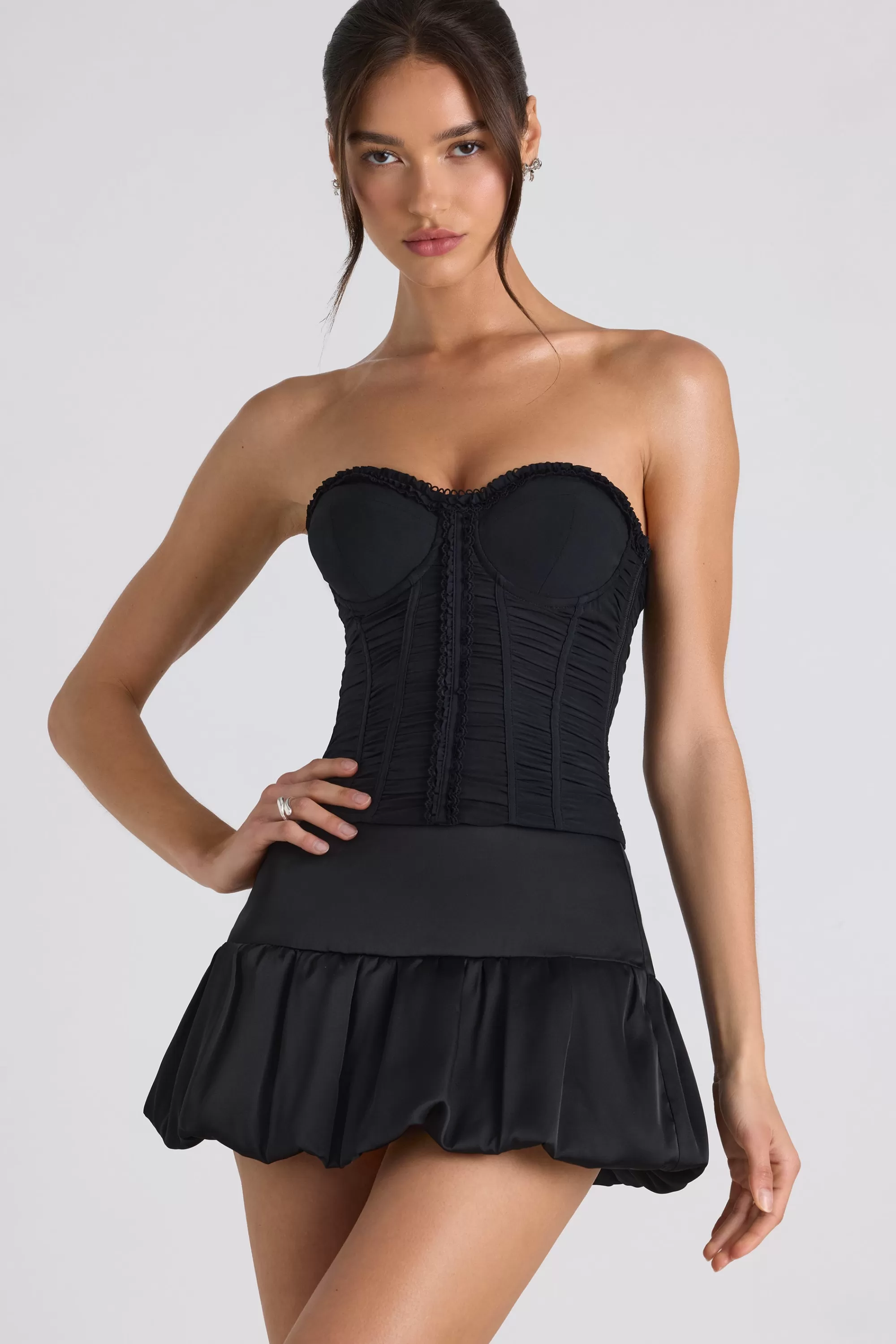 Oh Polly Ruched Lace-Up Strapless Corset Top in Black New