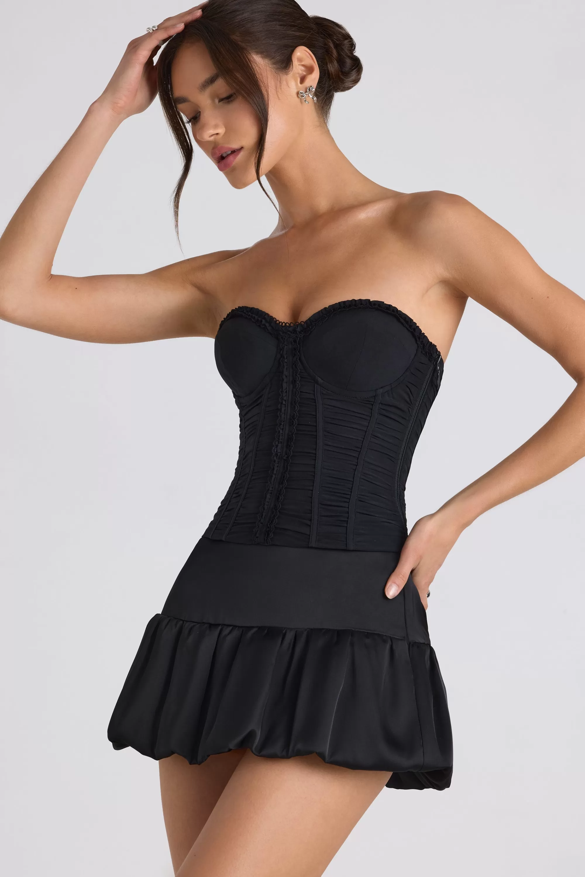 Oh Polly Ruched Lace-Up Strapless Corset Top in Black New