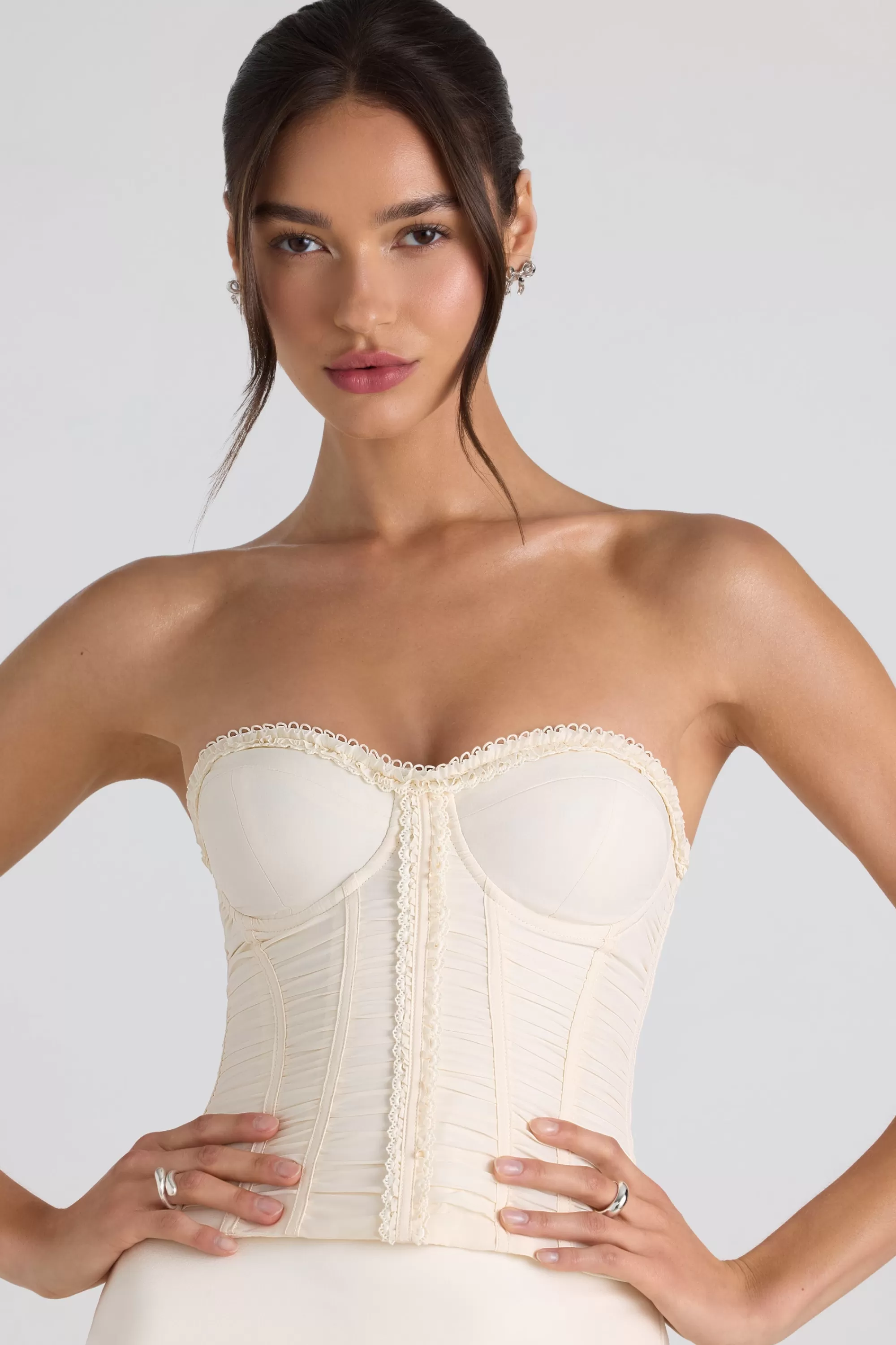 Oh Polly Ruched Lace-Up Strapless Corset Top in Ivory Cheap