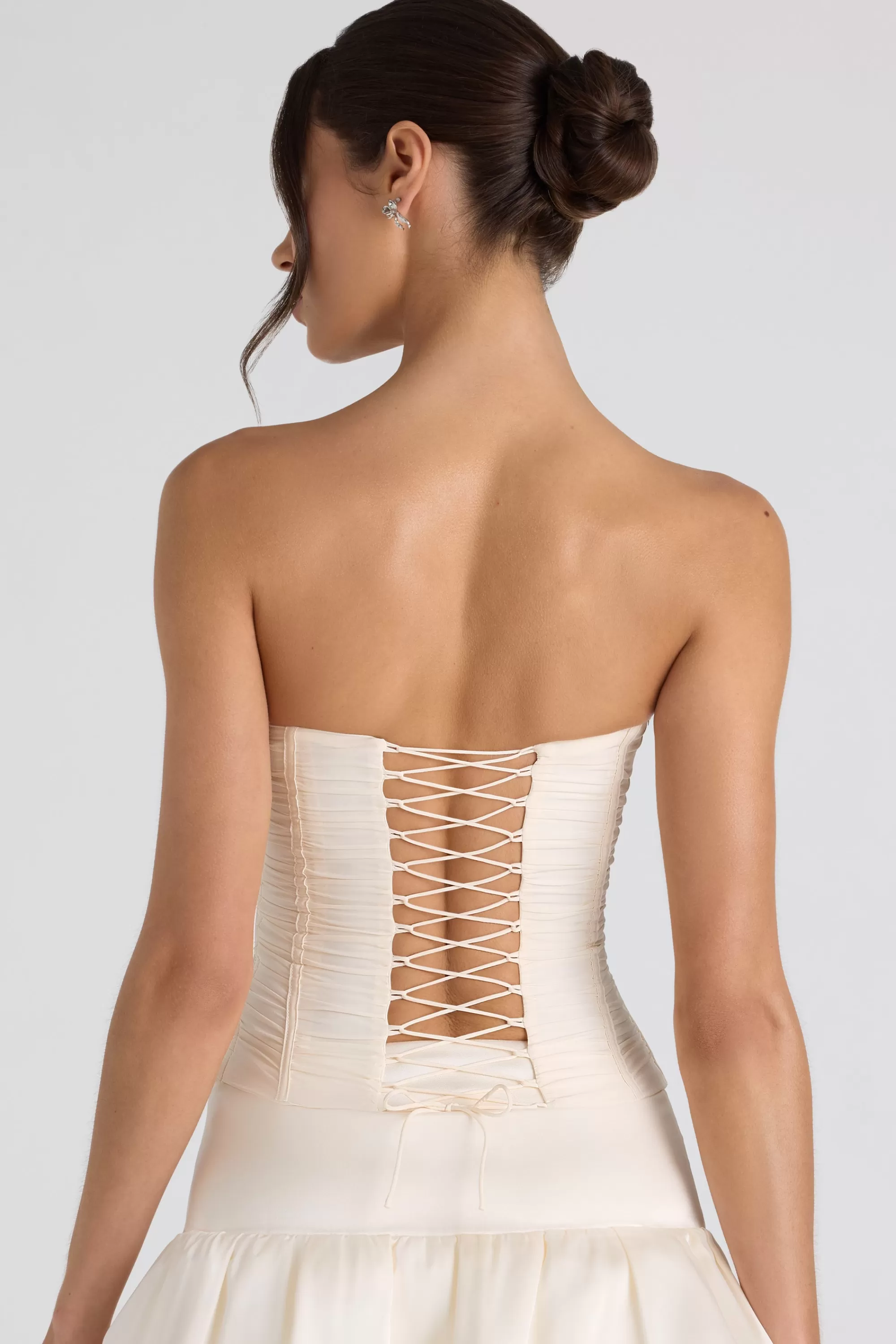 Oh Polly Ruched Lace-Up Strapless Corset Top in Ivory Cheap