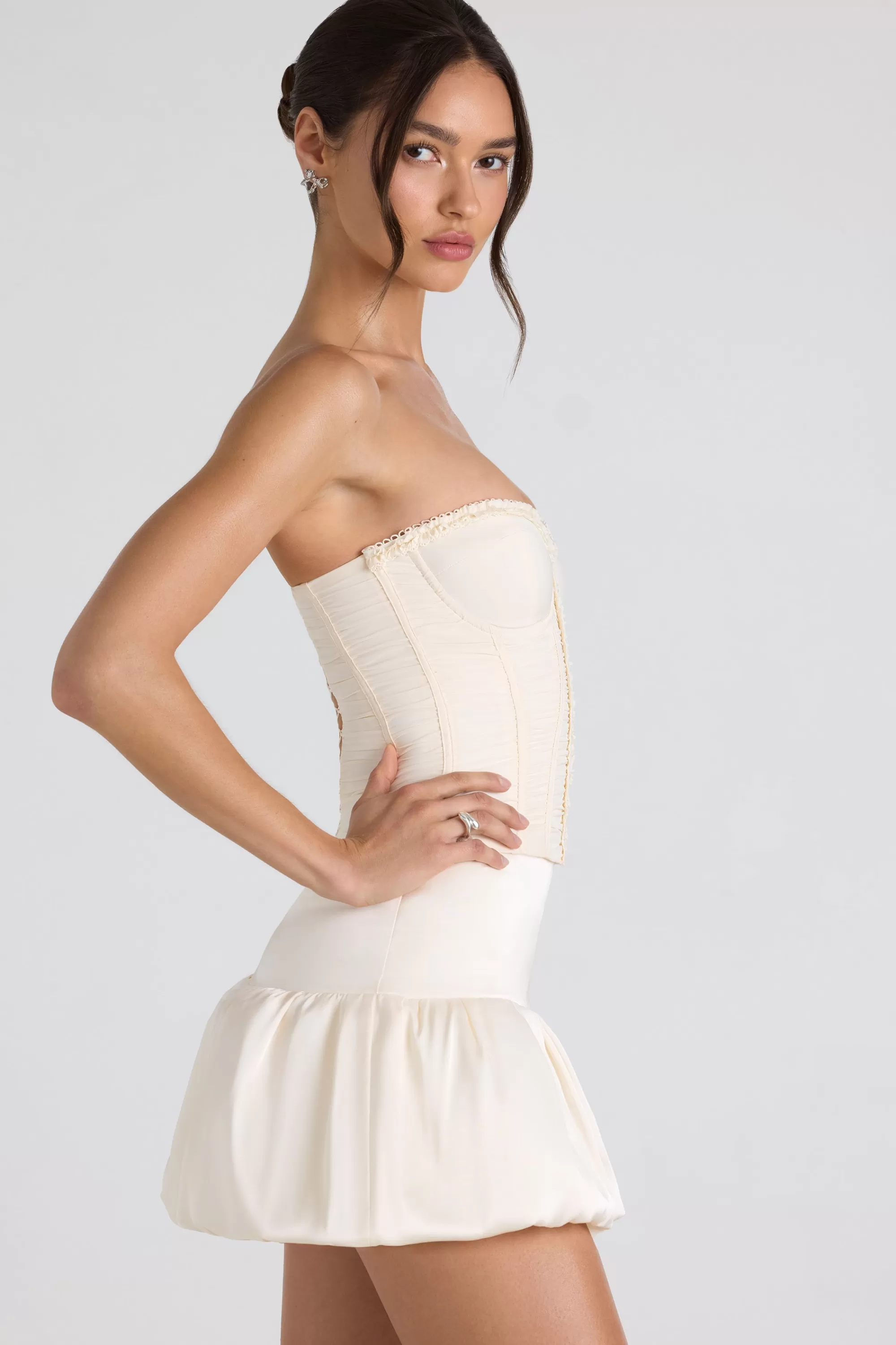 Oh Polly Ruched Lace-Up Strapless Corset Top in Ivory Cheap