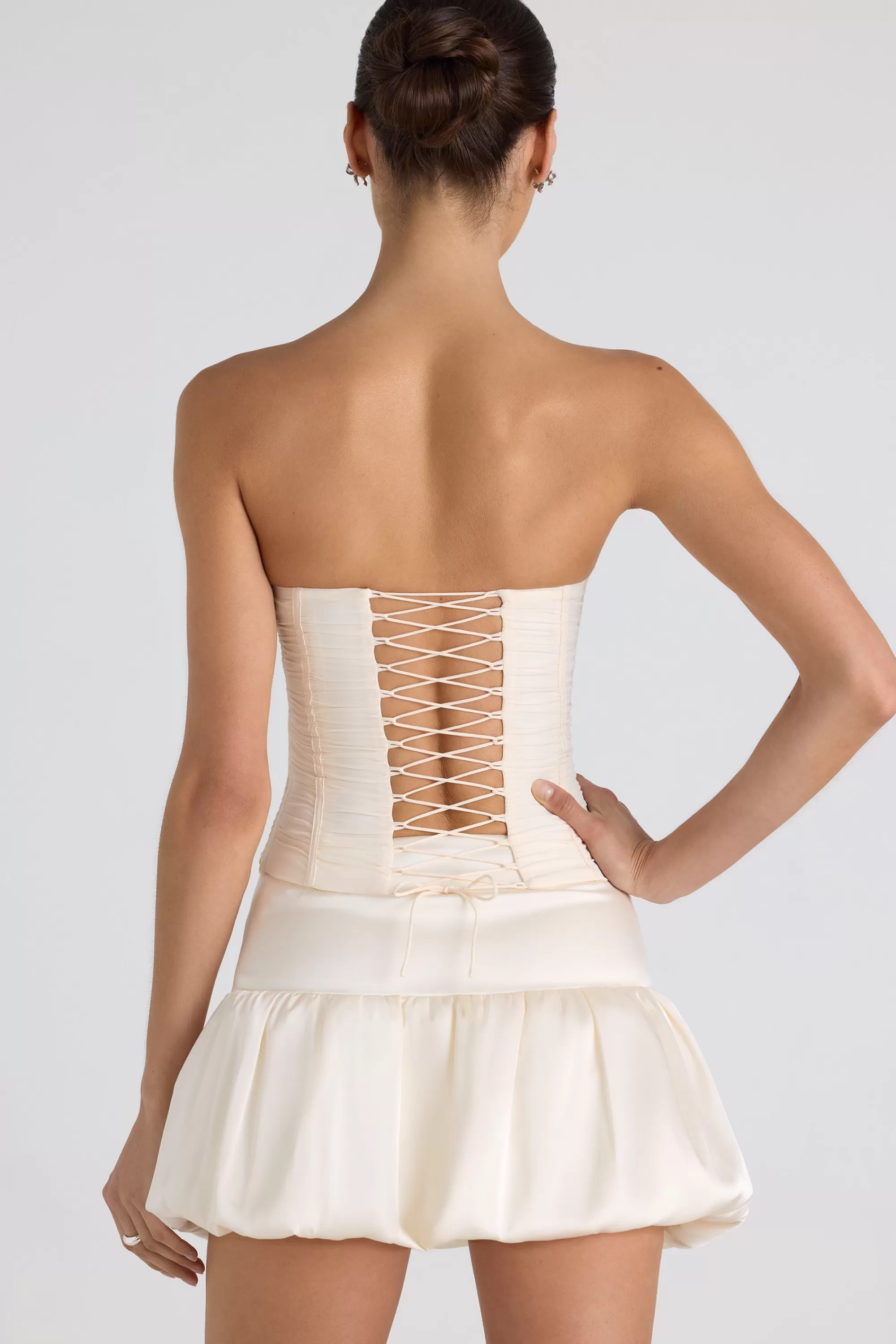 Oh Polly Ruched Lace-Up Strapless Corset Top in Ivory Cheap